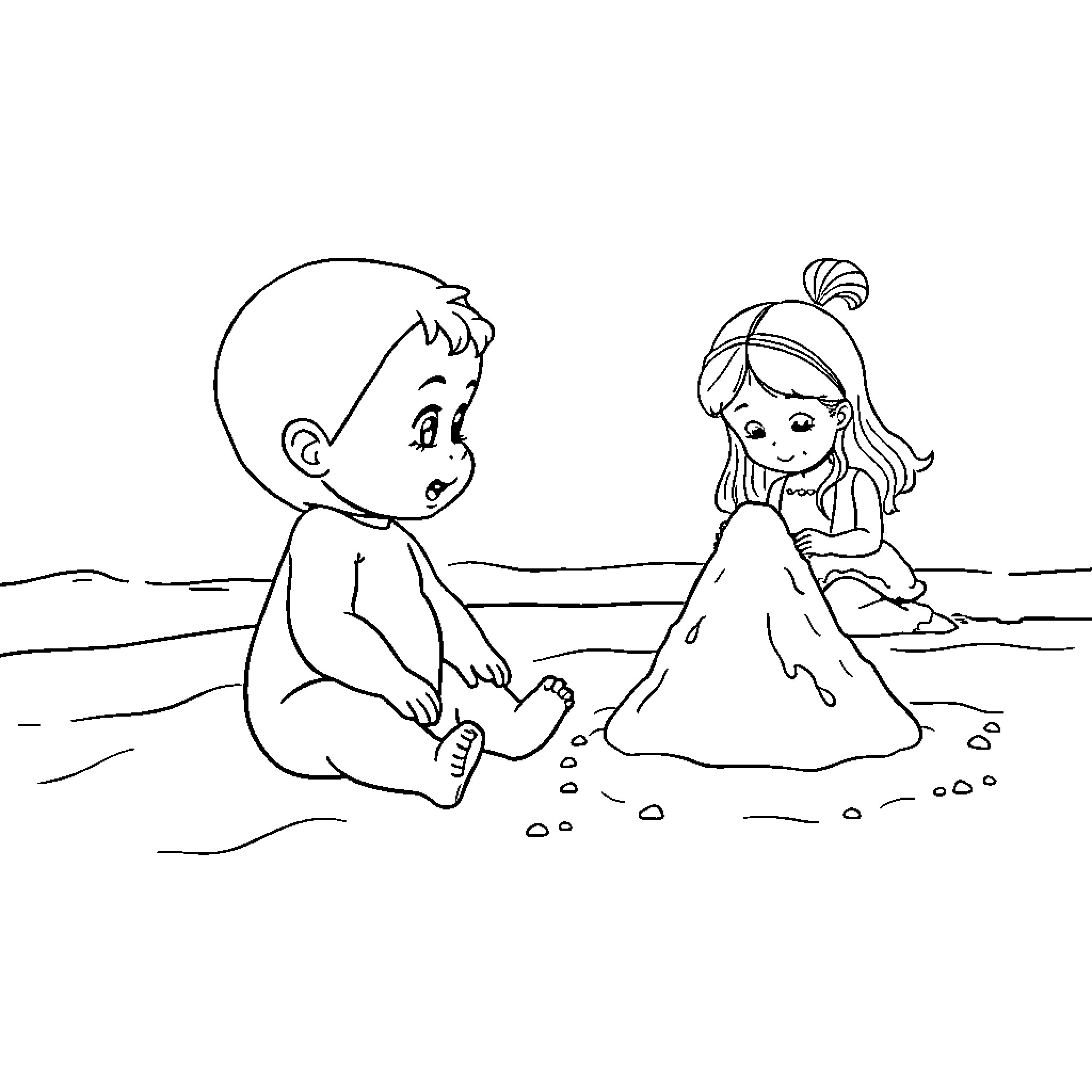 Baby Saja playing in the sand with a girl Coloring Page (free black-and-white line drawing printable PDF for all, from beginners to advanced learners, including children, teens, adults, and seniors)