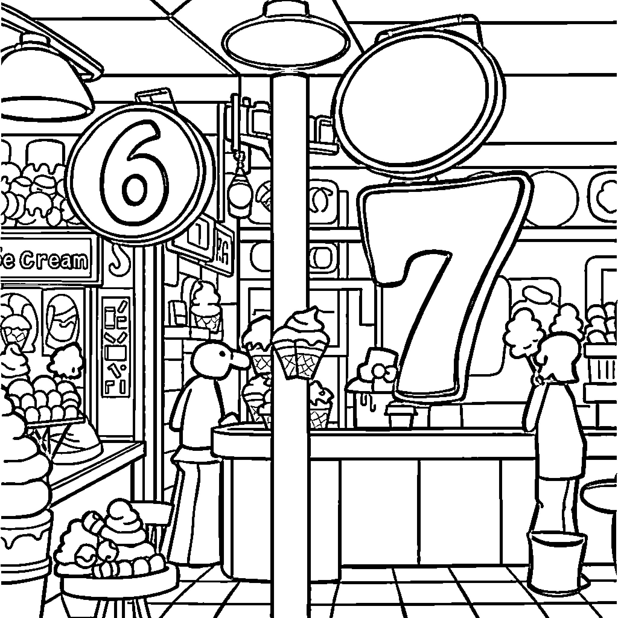 Number Colorful Desserts in Bustling Ice Cream Shop Coloring Page (free black-and-white line drawing printable PDF for all, from beginners to advanced learners, including children, teens, adults, and seniors)