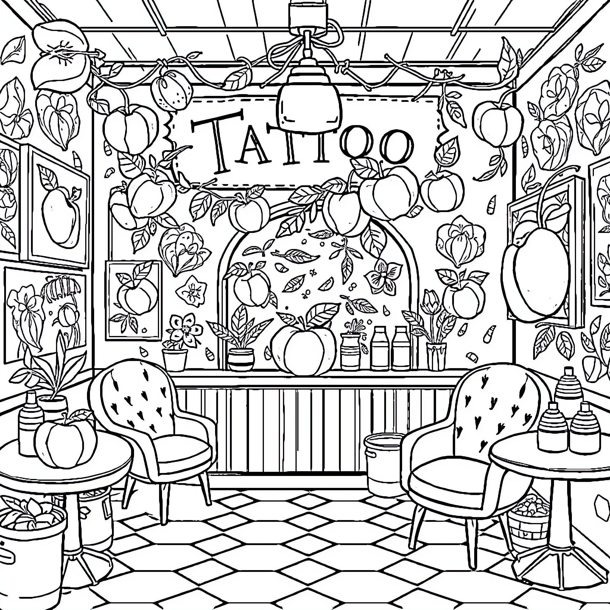 Peach Delight at the Tattoo Studio Coloring Page (free black-and-white line drawing printable PDF for all, from beginners to advanced learners, including children, teens, adults, and seniors)