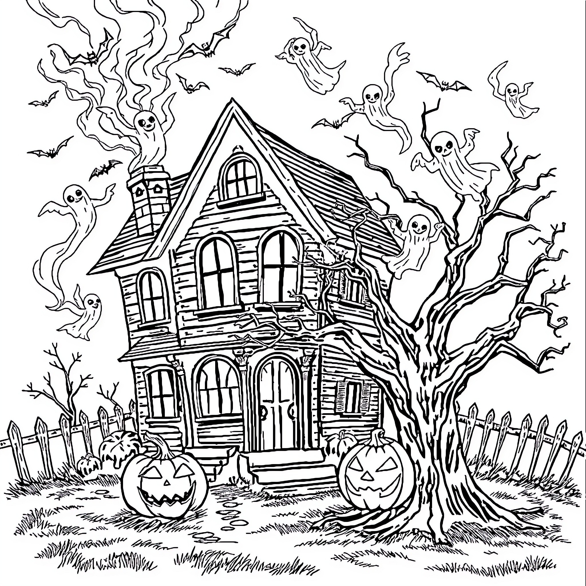 Haunted House with Spooky Decor and Creatures Coloring Page (free black-and-white line drawing printable PDF for all, from beginners to advanced learners, including children, teens, adults, and seniors)
