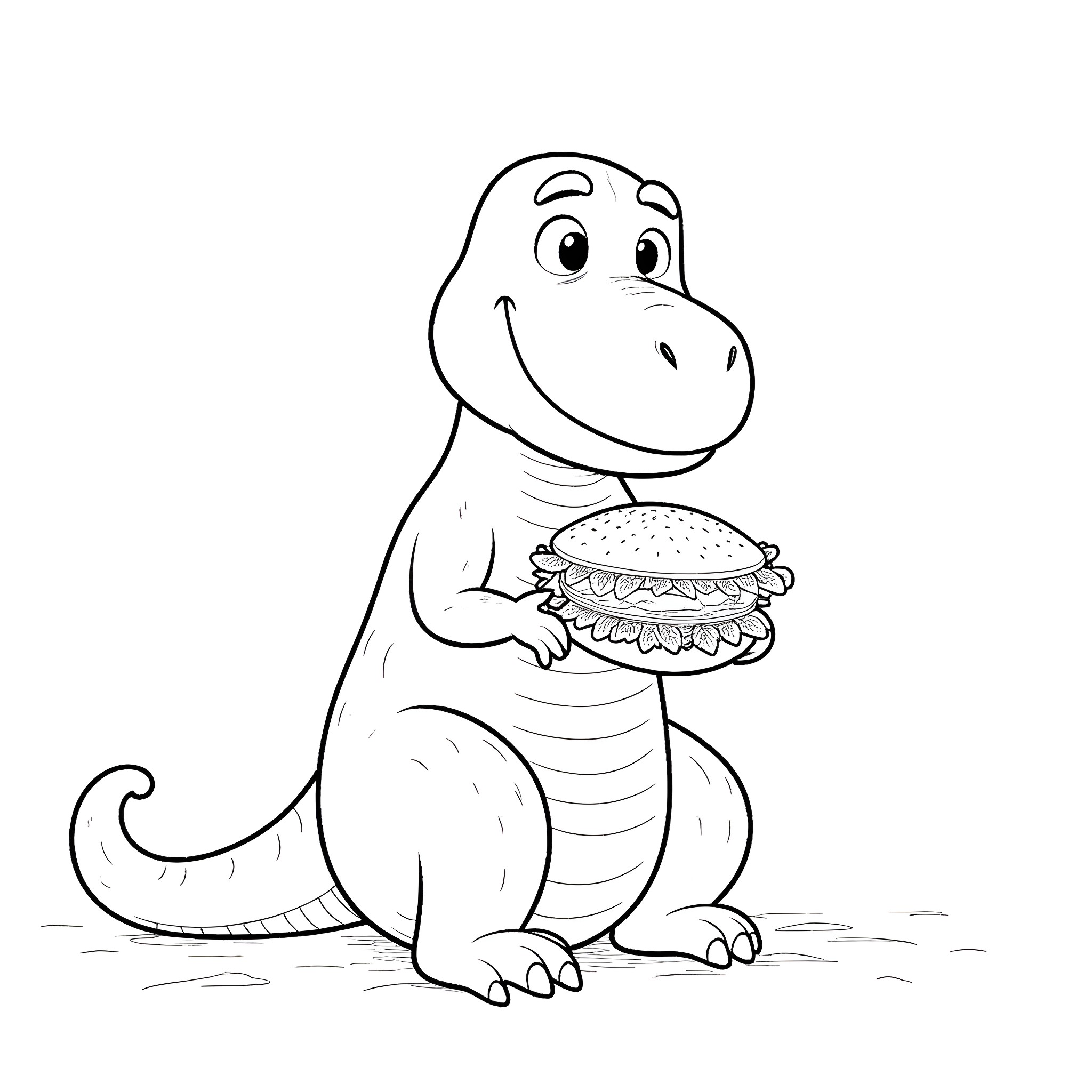 T-Rex happily eating a hamburger Coloring Page (free black-and-white line drawing printable PDF for all, from beginners to advanced learners, including children, teens, adults, and seniors)