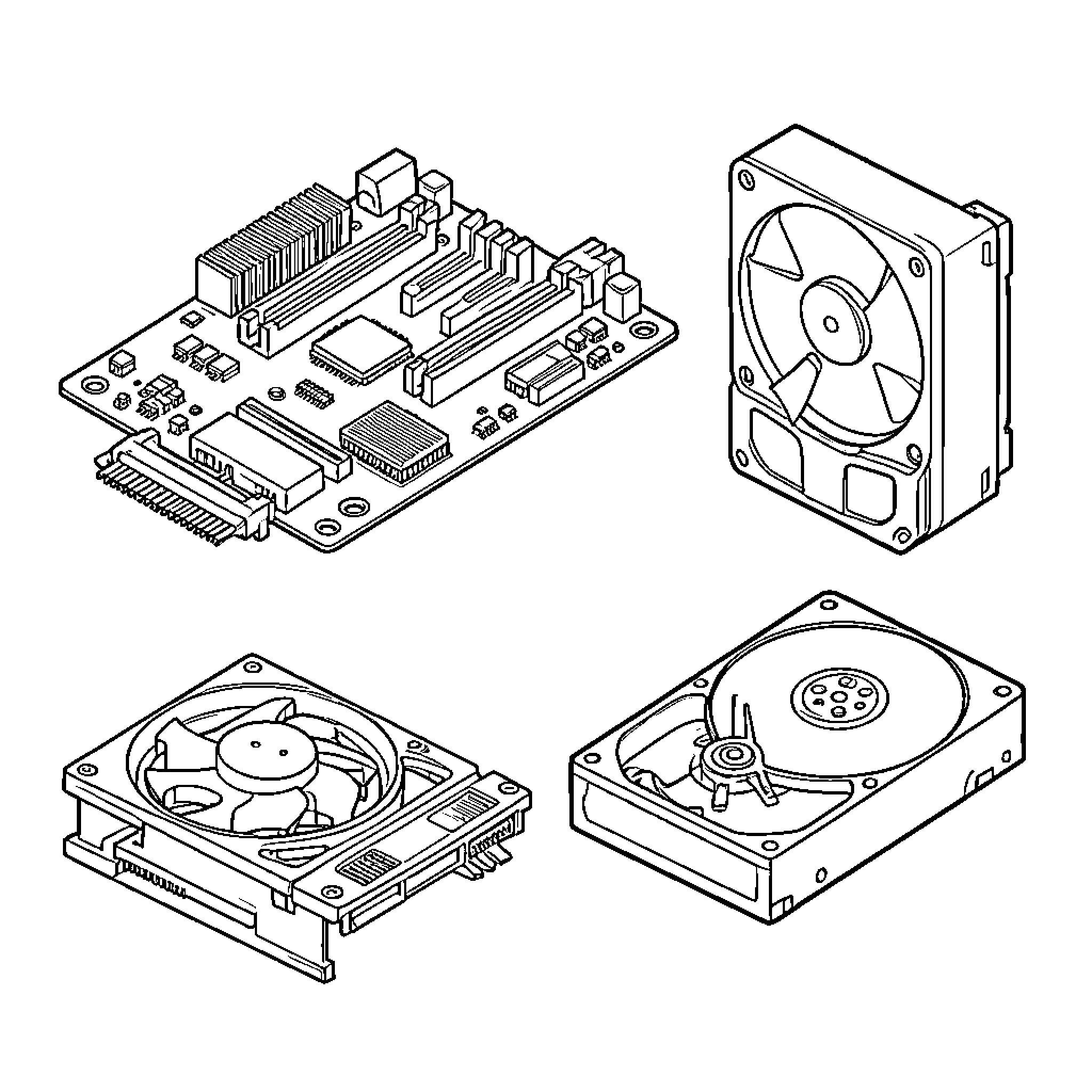 Computer Component Technical Diagrams Coloring Page (free black-and-white line drawing printable PDF for all, from beginners to advanced learners, including children, teens, adults, and seniors)