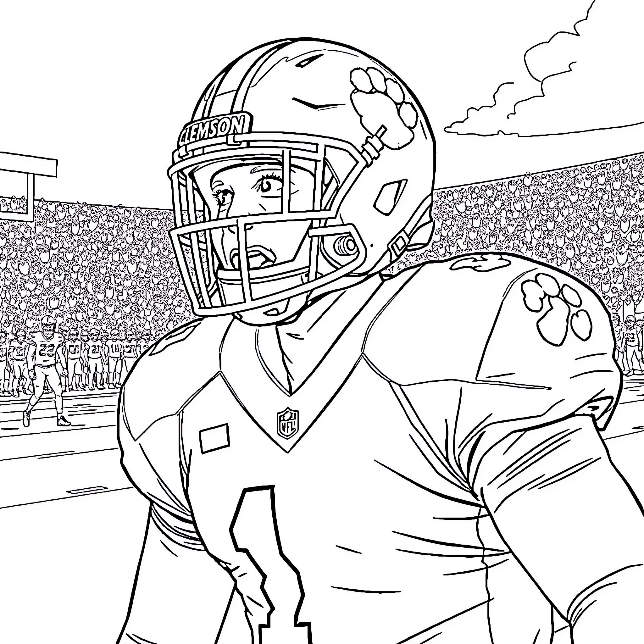 Football Player Celebrating Victory on the Field Coloring Page (free black-and-white line drawing printable PDF for all, from beginners to advanced learners, including children, teens, adults, and seniors)