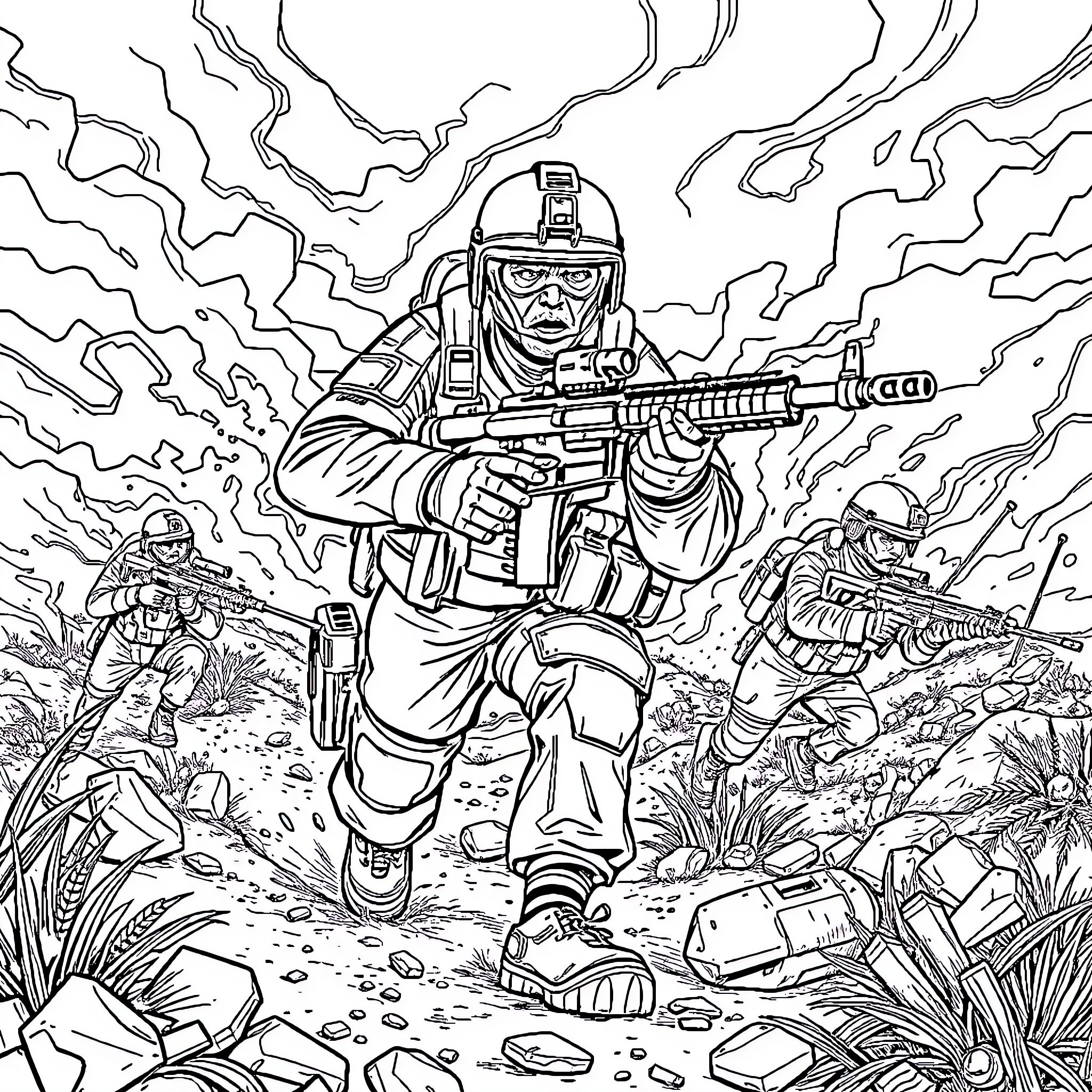 Call of Duty: Soldiers in Battle Gear and Weaponry Coloring Page (free black-and-white line drawing printable PDF for all, from beginners to advanced learners, including children, teens, adults, and seniors)