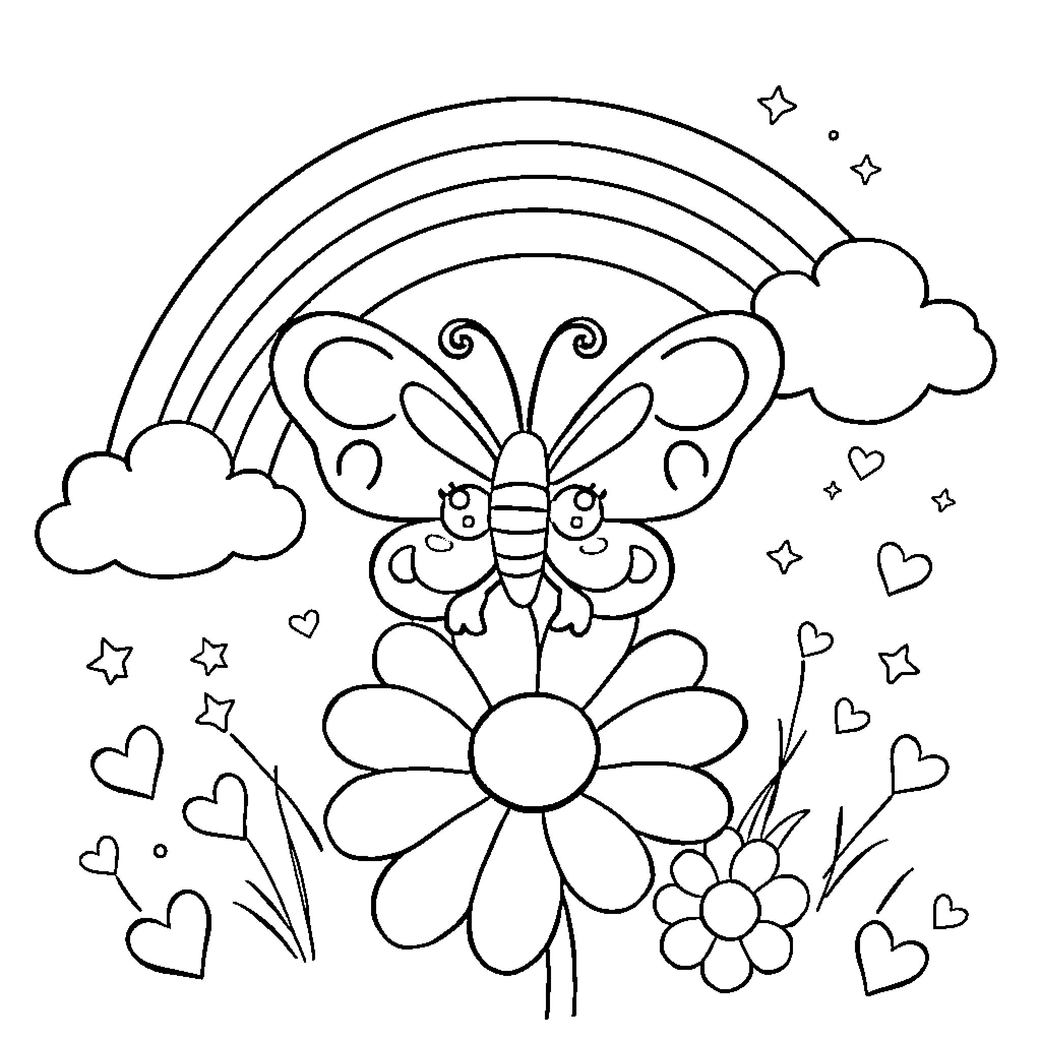 Butterfly dancing among flowers and rainbows Coloring Page (free black-and-white line drawing printable PDF for all, from beginners to advanced learners, including children, teens, adults, and seniors)