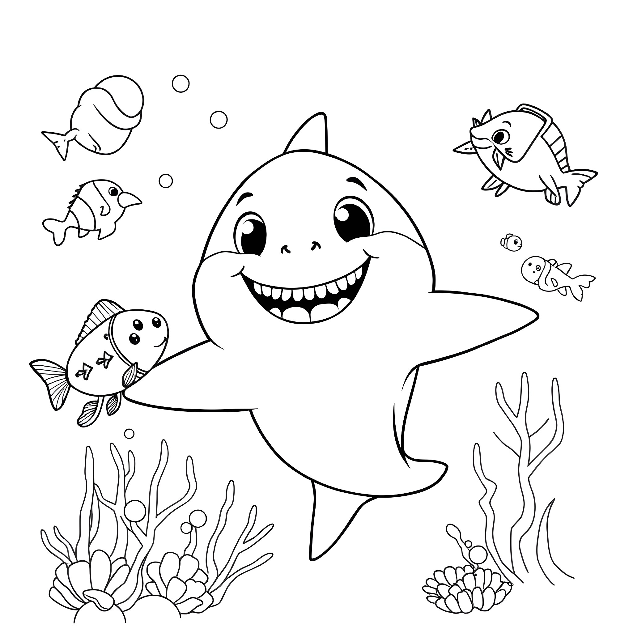 Shark Swimming Happily with Colorful Fish Coloring Page (free black-and-white line drawing printable PDF for all, from beginners to advanced learners, including children, teens, adults, and seniors)