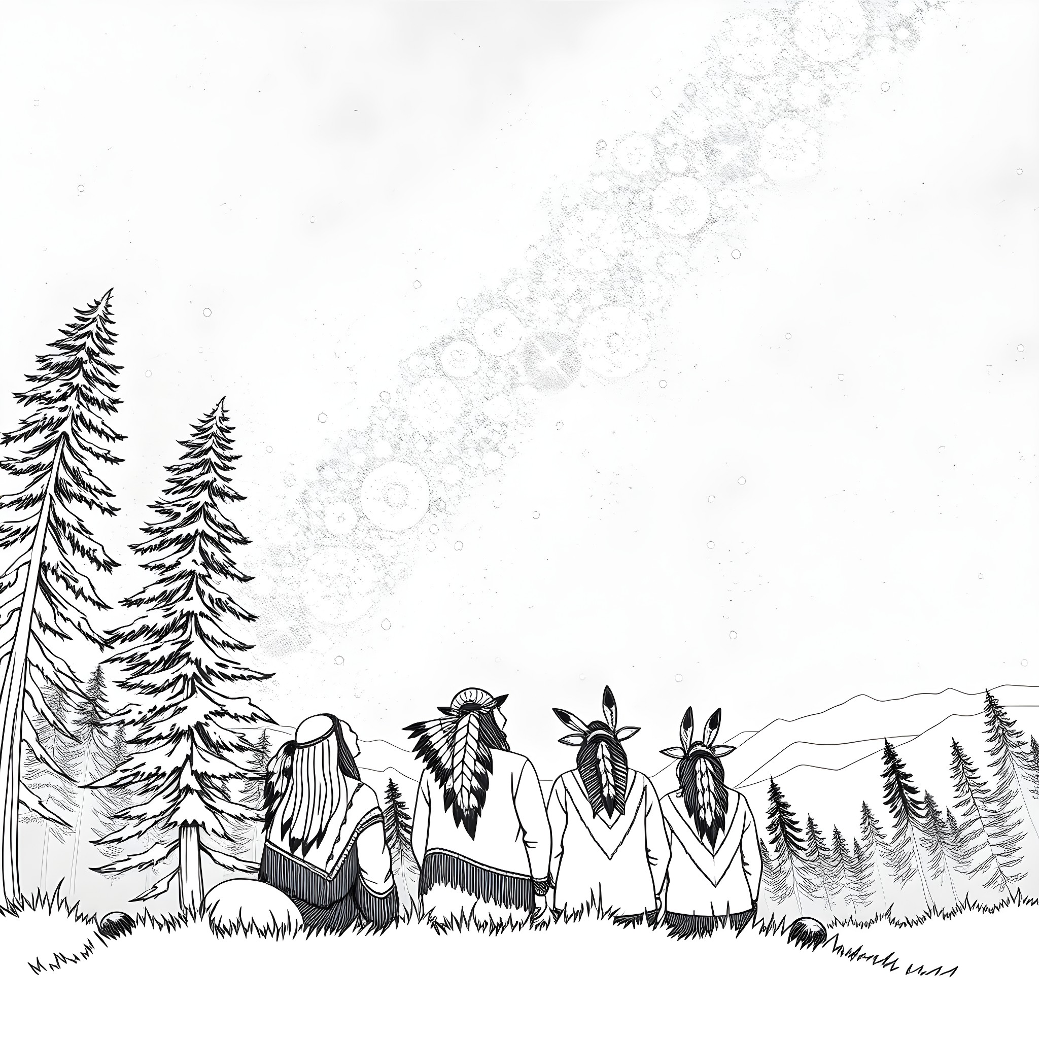 Native American figures in traditional garb Coloring Page (free black-and-white line drawing printable PDF for all, from beginners to advanced learners, including children, teens, adults, and seniors)
