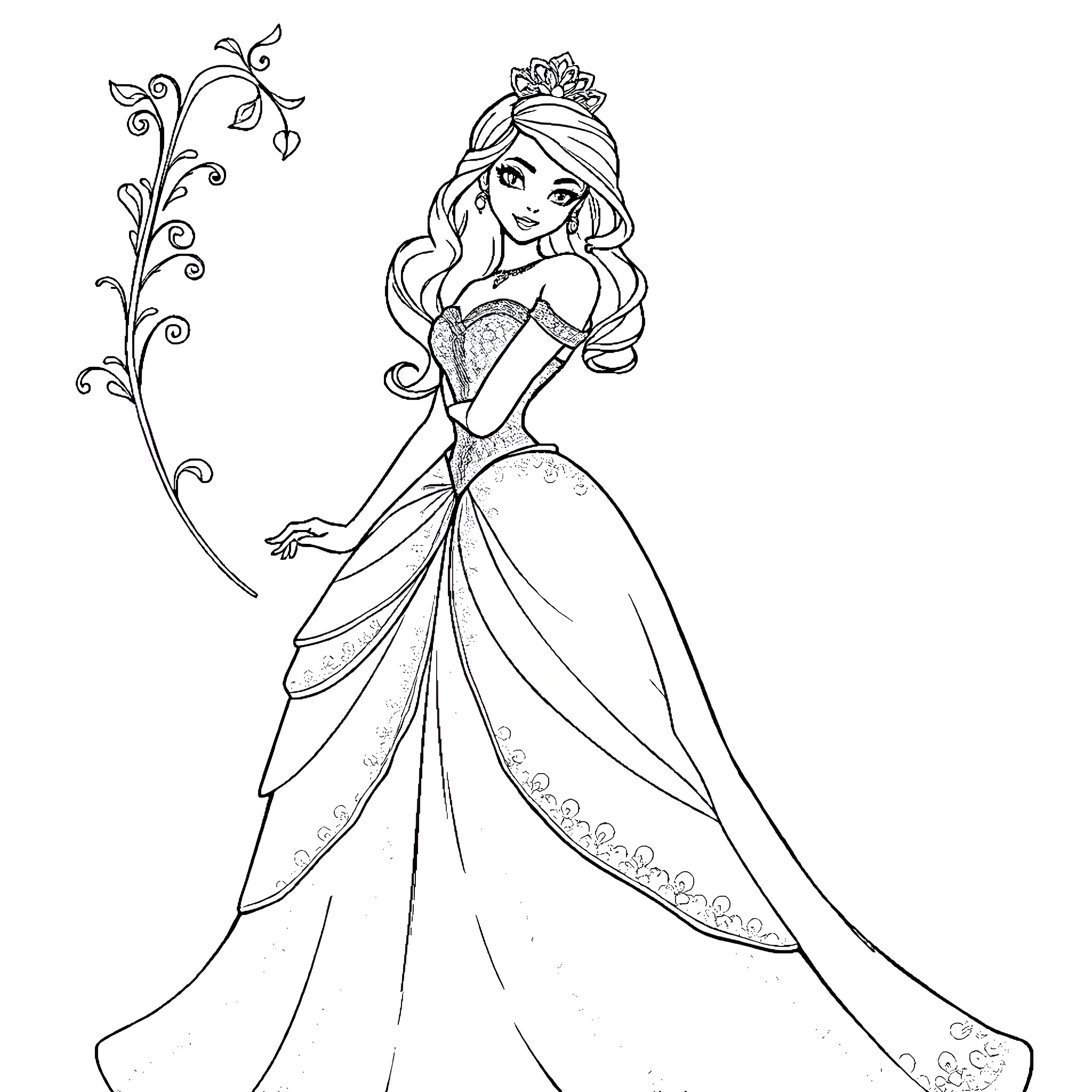 Princess in Elegant Gown and Tiara Coloring Page (free black-and-white line drawing printable PDF for all, from beginners to advanced learners, including children, teens, adults, and seniors)