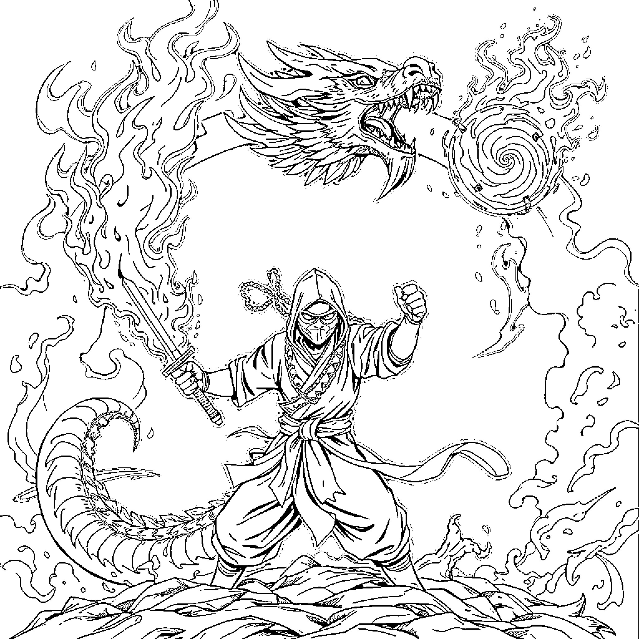 Dragon warrior wielding fiery magic against foe Coloring Page (free black-and-white line drawing printable PDF for all, from beginners to advanced learners, including children, teens, adults, and seniors)