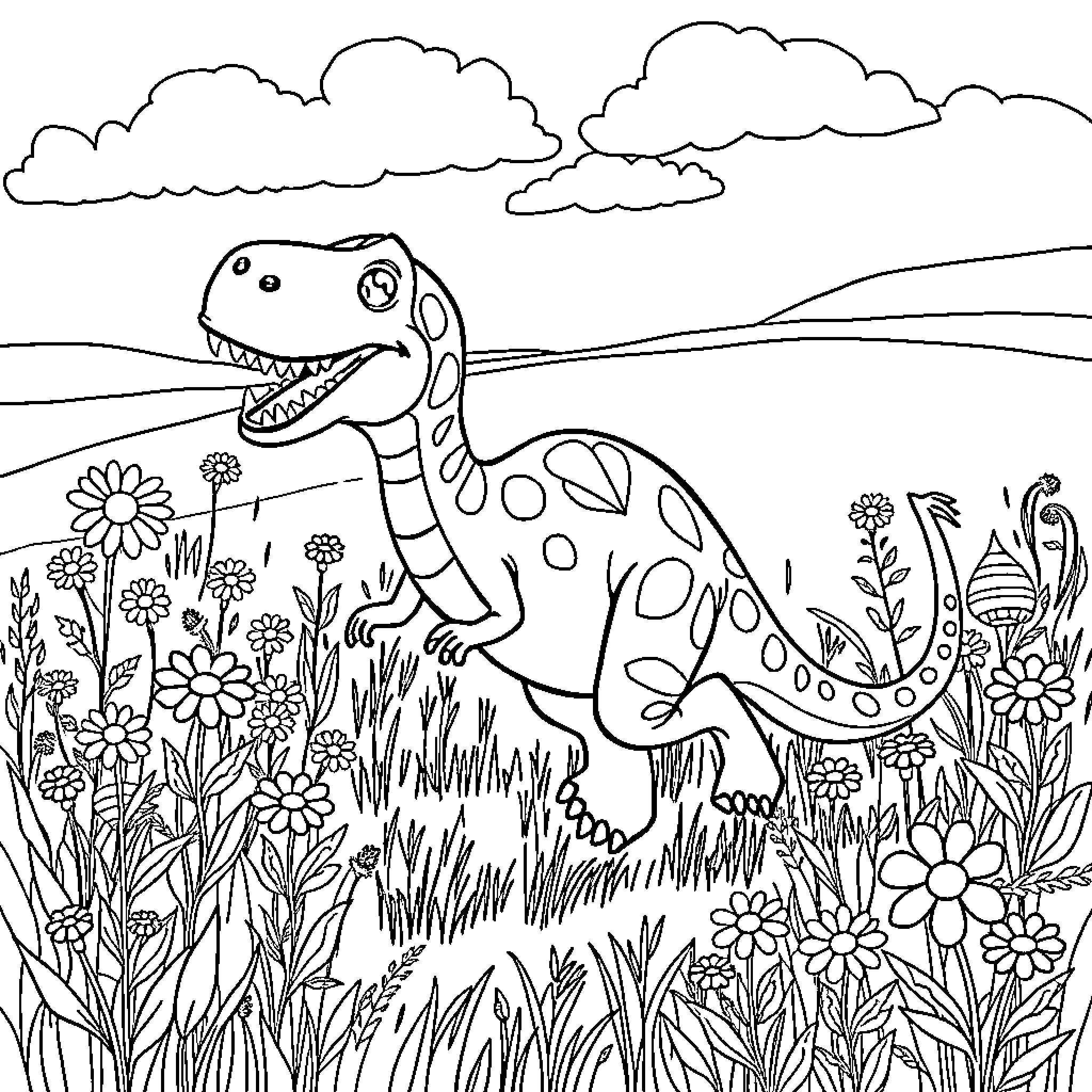 Dinosaur exploring a colorful floral landscape Coloring Page (free black-and-white line drawing printable PDF for all, from beginners to advanced learners, including children, teens, adults, and seniors)