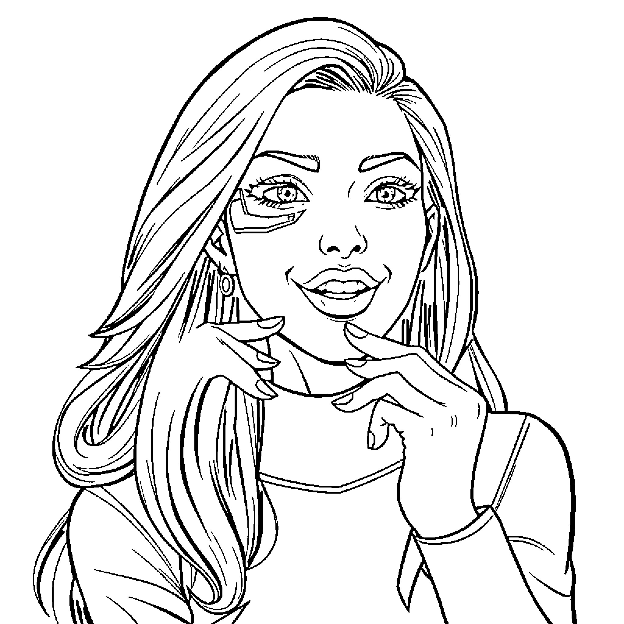 Seven of Nine smiling confidently Coloring Page (free black-and-white line drawing printable PDF for all, from beginners to advanced learners, including children, teens, adults, and seniors)