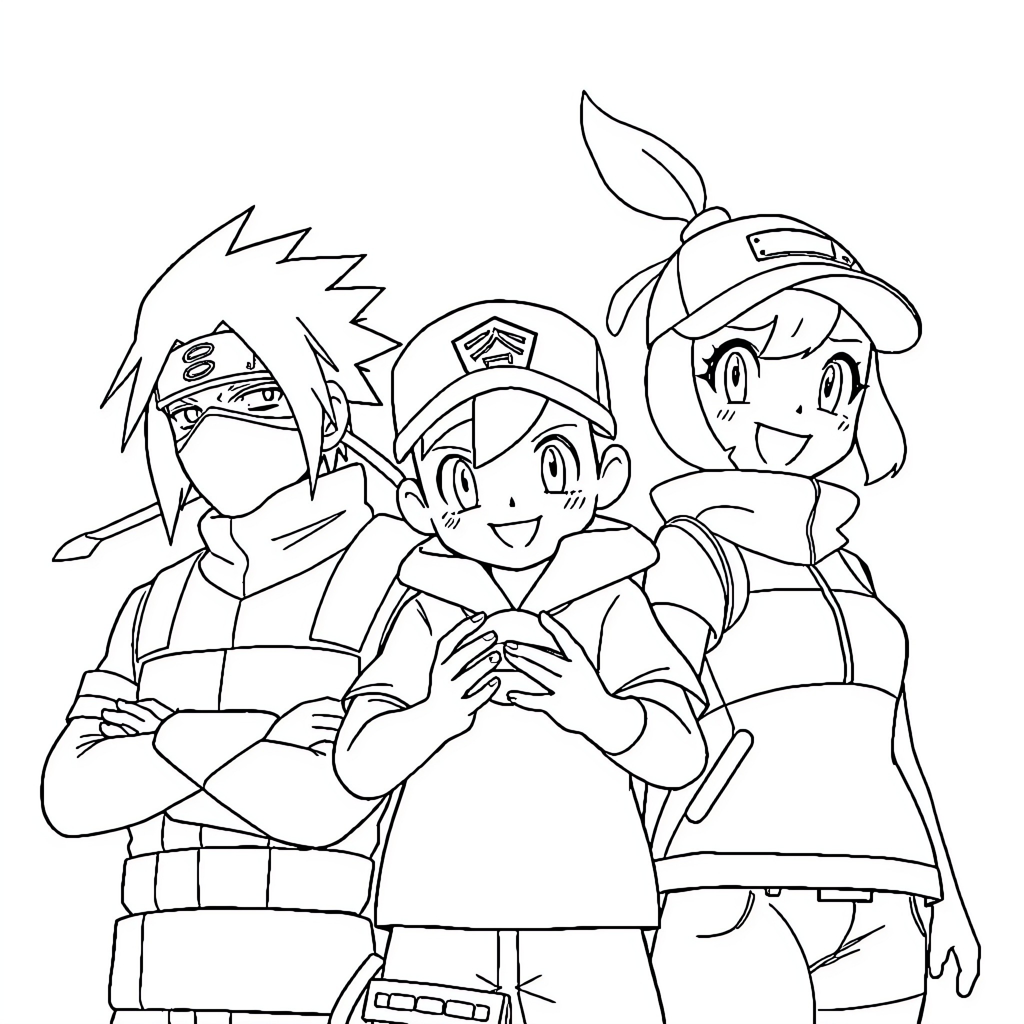 Kakashi and friends in adventure gear Coloring Page (free black-and-white line drawing printable PDF for all, from beginners to advanced learners, including children, teens, adults, and seniors)