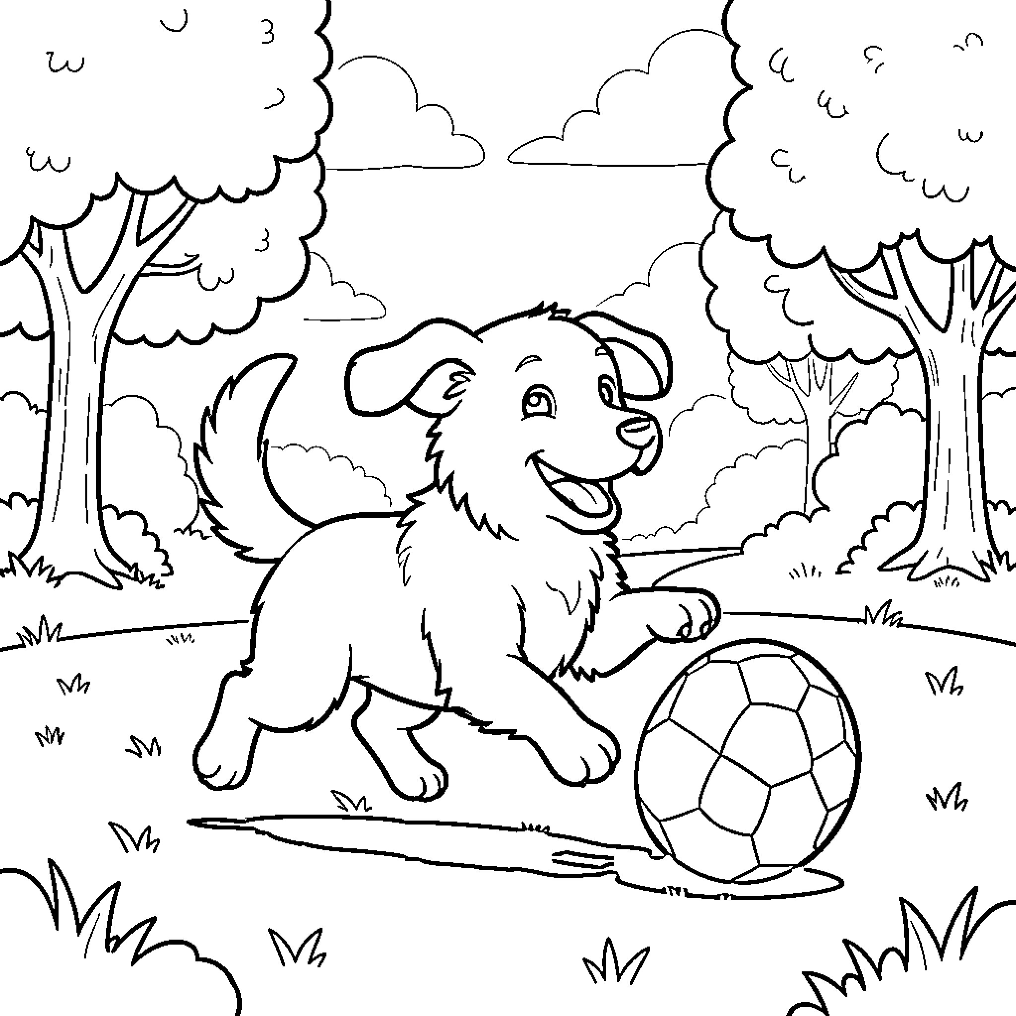 Dog happily playing with soccer ball in the park Coloring Page (free black-and-white line drawing printable PDF for all, from beginners to advanced learners, including children, teens, adults, and seniors)