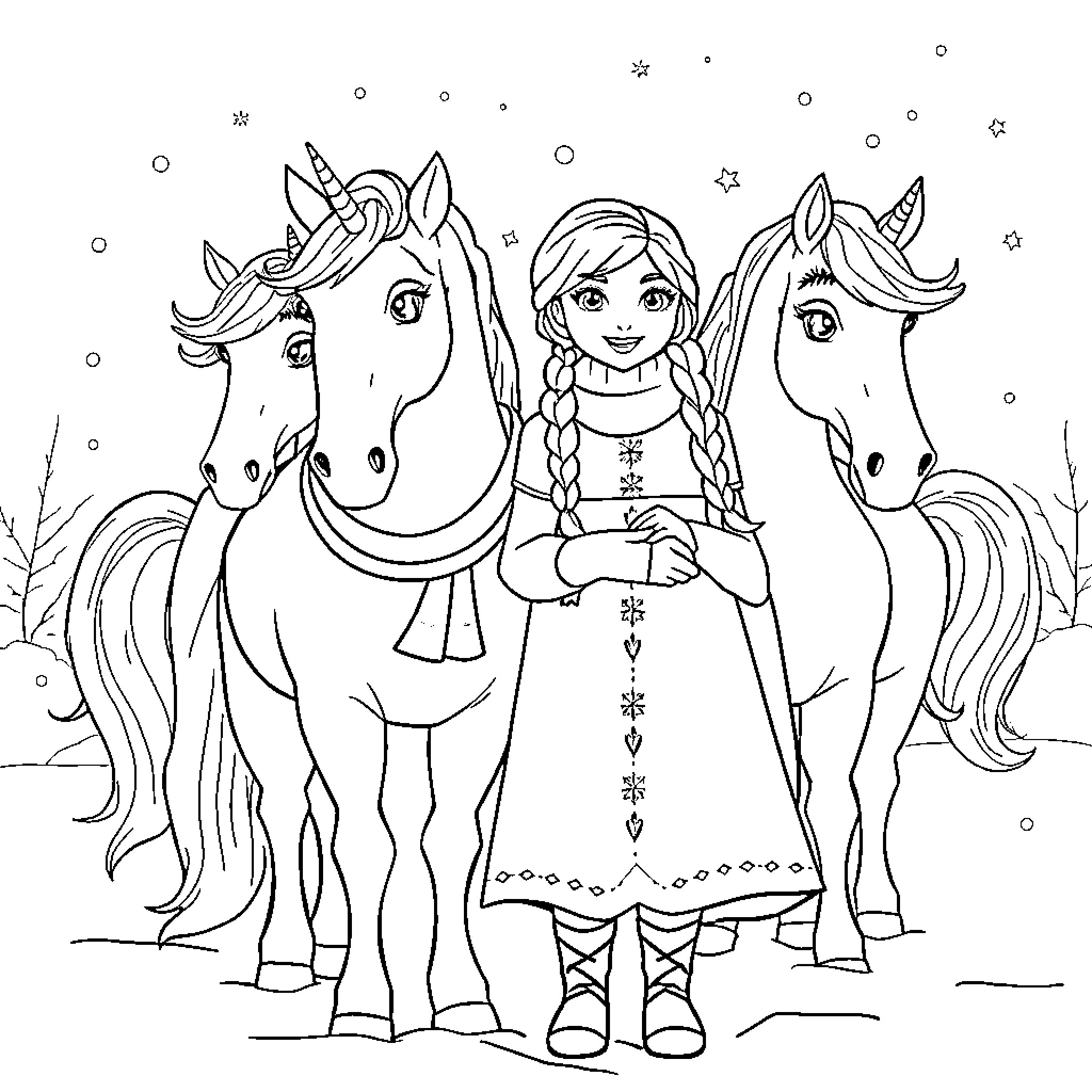 Elsa and Anna playing with unicorns in the snow Coloring Page (free black-and-white line drawing printable PDF for all, from beginners to advanced learners, including children, teens, adults, and seniors)