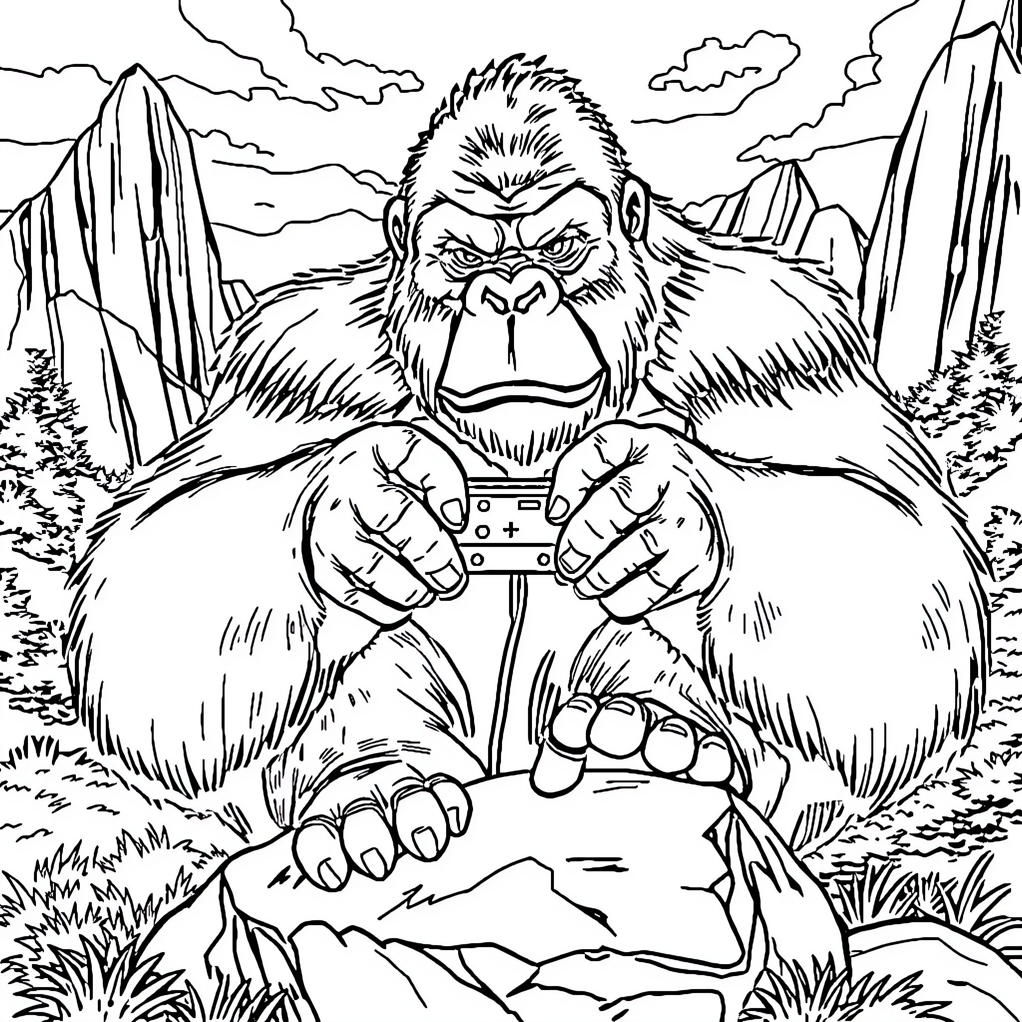King Kong playing video games in the mountains Coloring Page (free black-and-white line drawing printable PDF for all, from beginners to advanced learners, including children, teens, adults, and seniors)