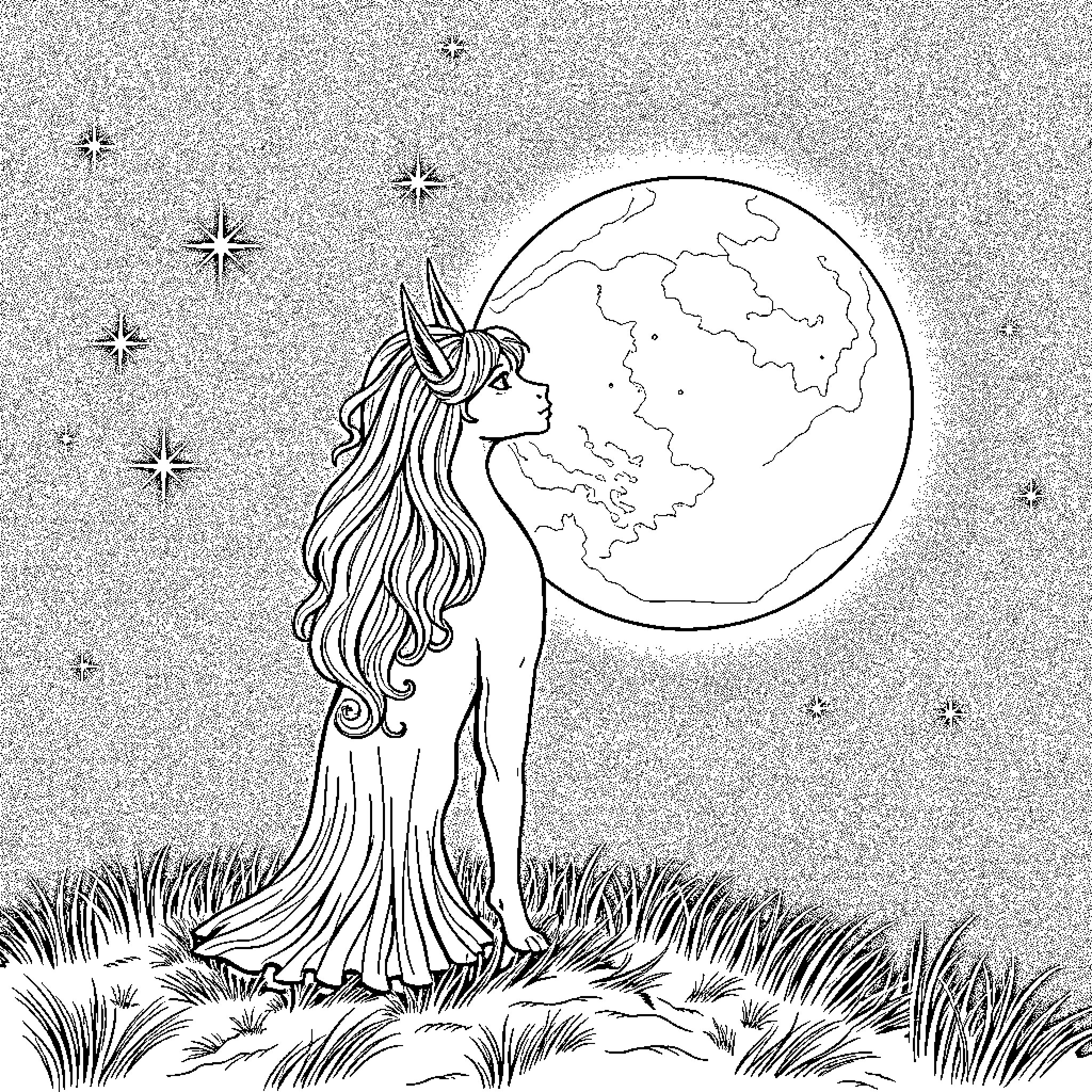 Rhiannon's Celestial Enchantment Coloring Page (free black-and-white line drawing printable PDF for all, from beginners to advanced learners, including children, teens, adults, and seniors)