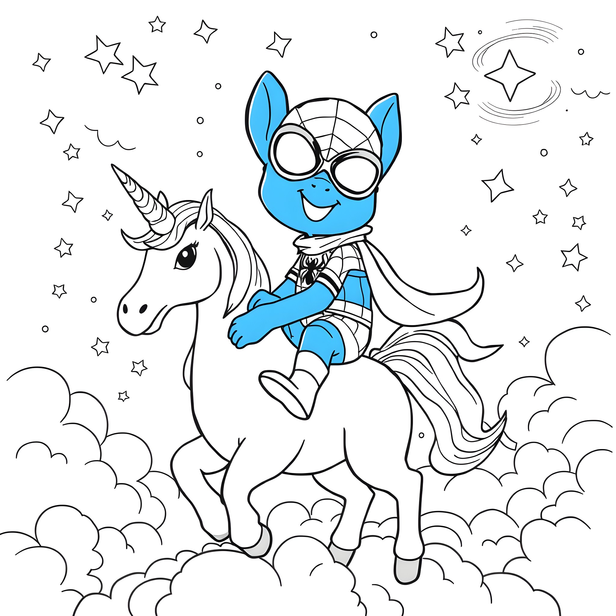 Bluey riding a magical unicorn in the stars Coloring Page (free black-and-white line drawing printable PDF for all, from beginners to advanced learners, including children, teens, adults, and seniors)