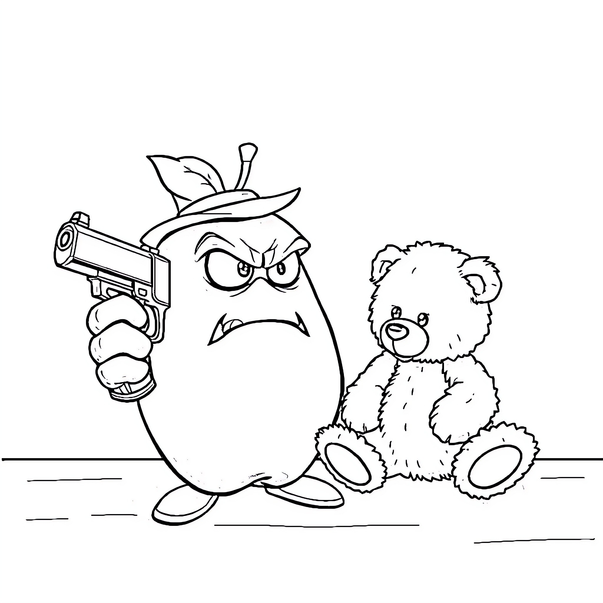 Apple character with gun threatens cute stuffed animal Coloring Page (free black-and-white line drawing printable PDF for all, from beginners to advanced learners, including children, teens, adults, and seniors)