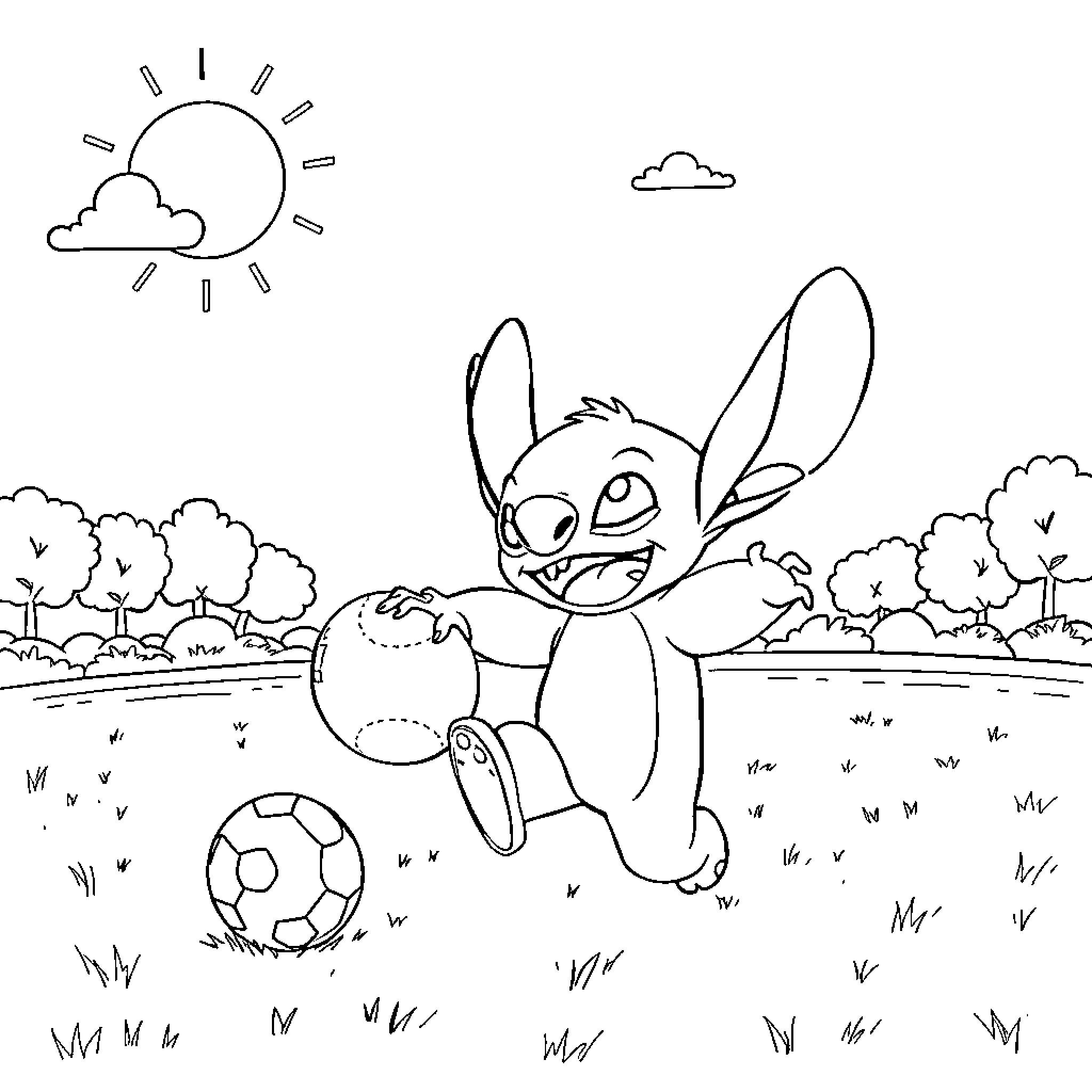 Stitch playing with a ball in a sunny field Coloring Page (free black-and-white line drawing printable PDF for all, from beginners to advanced learners, including children, teens, adults, and seniors)