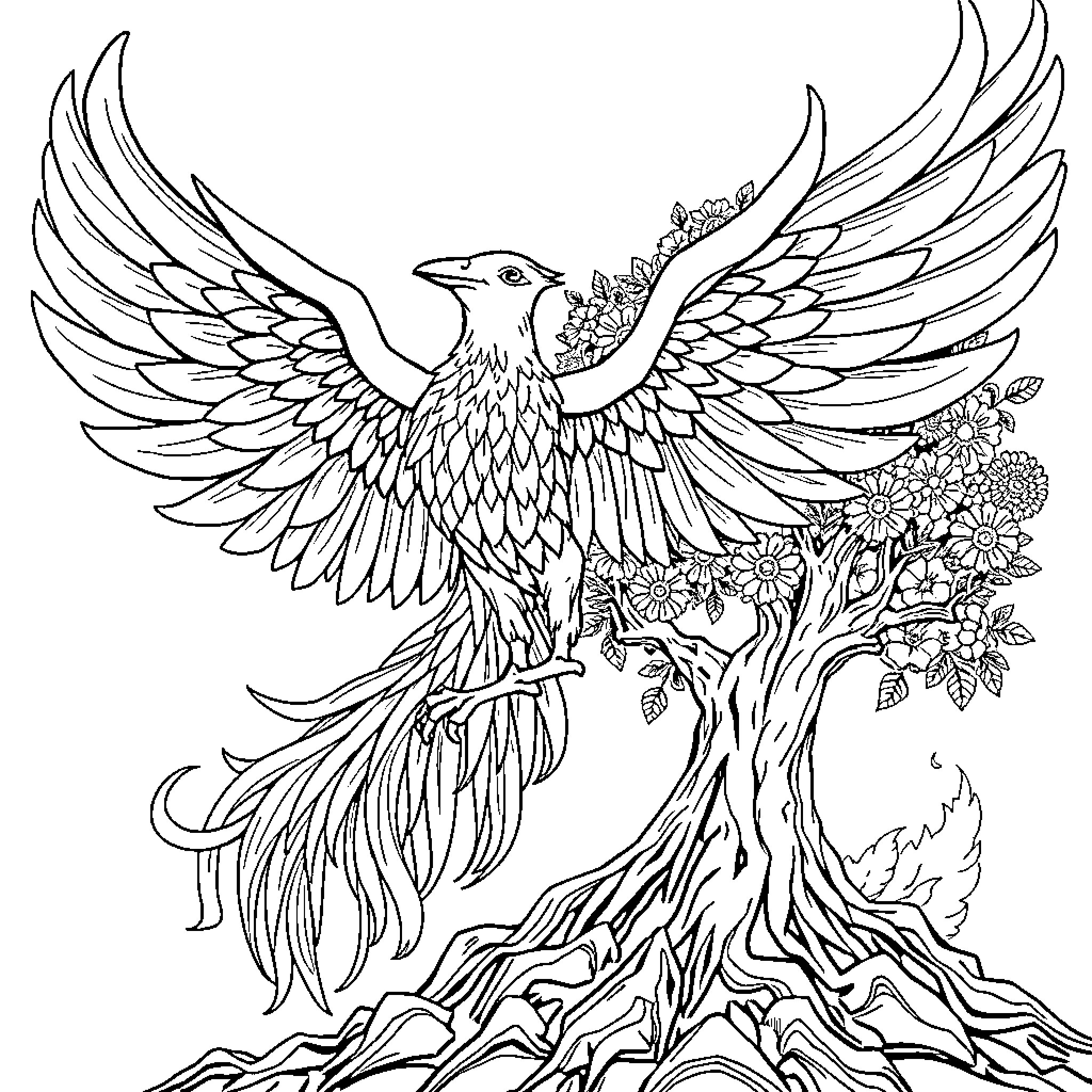 Phoenix rising from flowers and branches Coloring Page (free black-and-white line drawing printable PDF for all, from beginners to advanced learners, including children, teens, adults, and seniors)