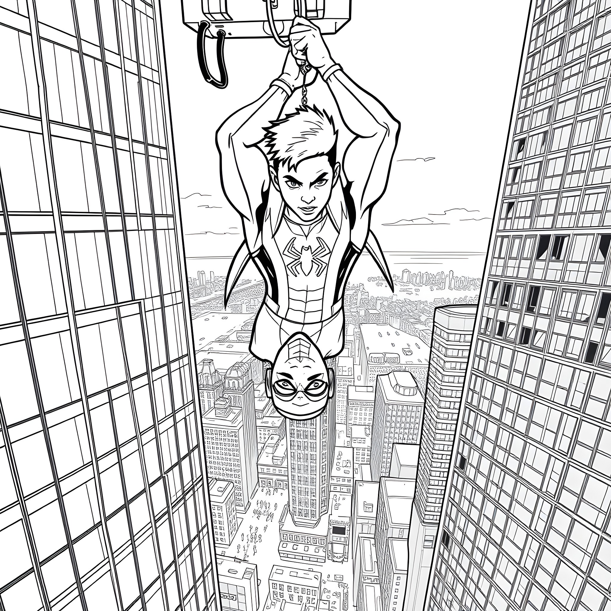 Miles Morales Swinging Through the City Coloring Page (free black-and-white line drawing printable PDF for all, from beginners to advanced learners, including children, teens, adults, and seniors)