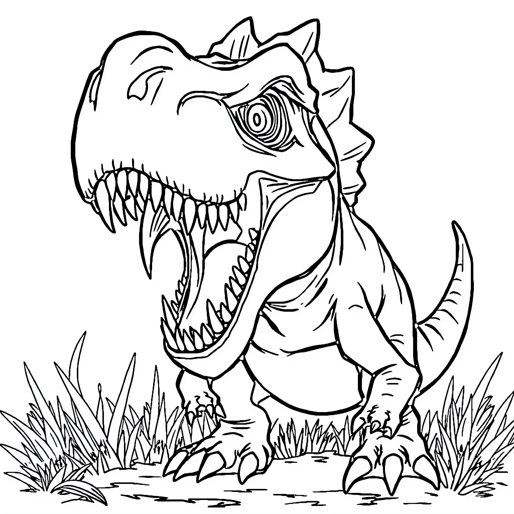 Dinosaur roaring ferociously in the wild Coloring Page (free black-and-white line drawing printable PDF for all, from beginners to advanced learners, including children, teens, adults, and seniors)