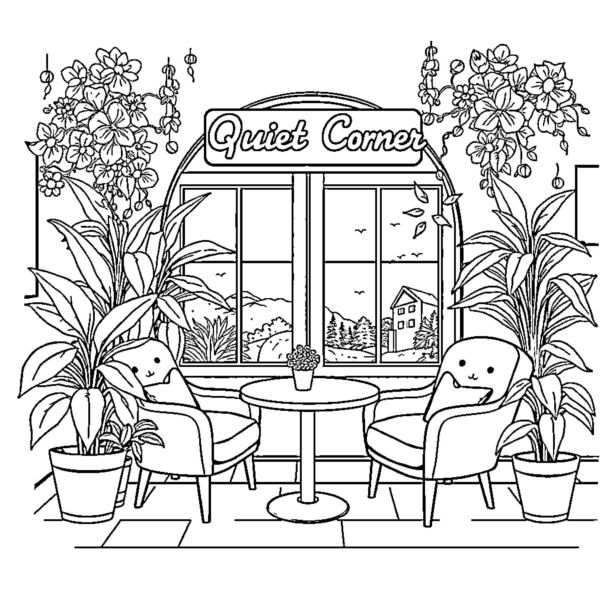 Cafe with cozy chairs and lush floral decor Coloring Page (free black-and-white line drawing printable PDF for all, from beginners to advanced learners, including children, teens, adults, and seniors)