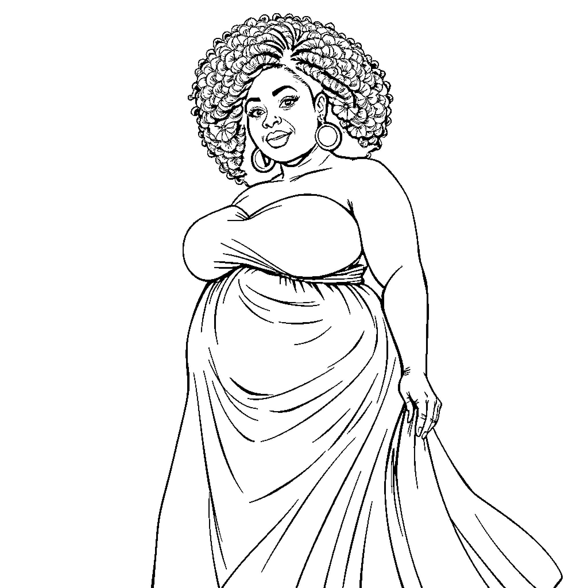 Woman in elegant dress with flowing skirt Coloring Page (free black-and-white line drawing printable PDF for all, from beginners to advanced learners, including children, teens, adults, and seniors)