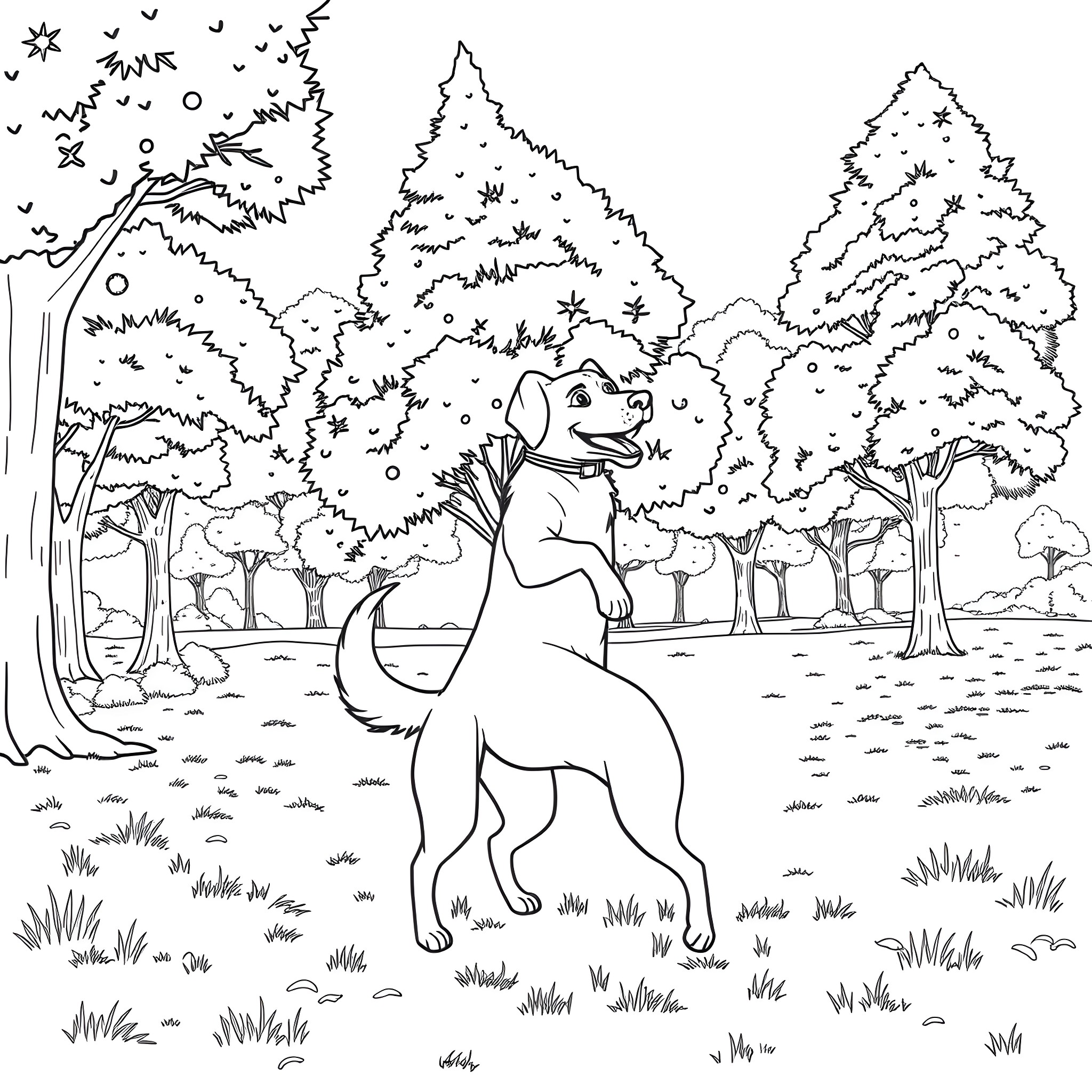 Dog exploring the peaceful forest Coloring Page (free black-and-white line drawing printable PDF for all, from beginners to advanced learners, including children, teens, adults, and seniors)