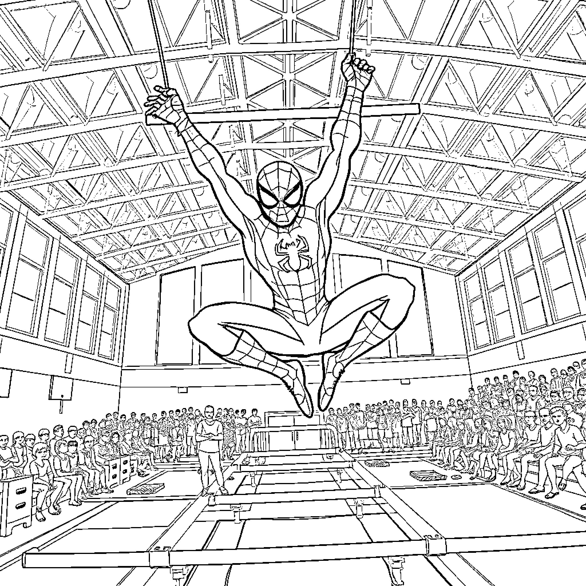 Spider-Man performing acrobatic stunt in crowded arena Coloring Page (free black-and-white line drawing printable PDF for all, from beginners to advanced learners, including children, teens, adults, and seniors)