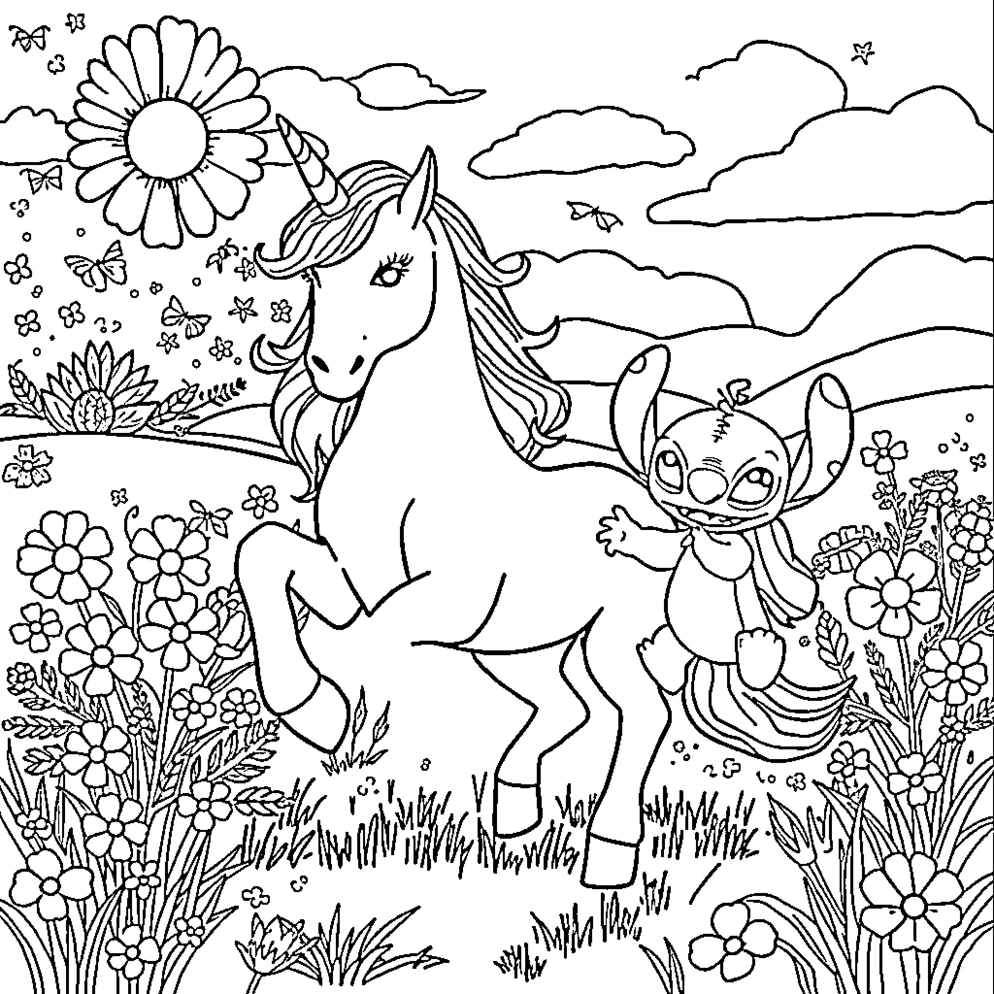 Unicorn frolicking in a flowery meadow with a fairy Coloring Page (free black-and-white line drawing printable PDF for all, from beginners to advanced learners, including children, teens, adults, and seniors)