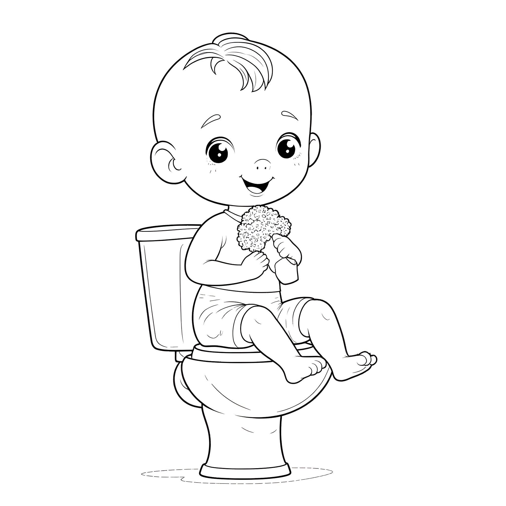 Boss Baby Sitting on Toilet Holding Flowers Coloring Page (free black-and-white line drawing printable PDF for all, from beginners to advanced learners, including children, teens, adults, and seniors)