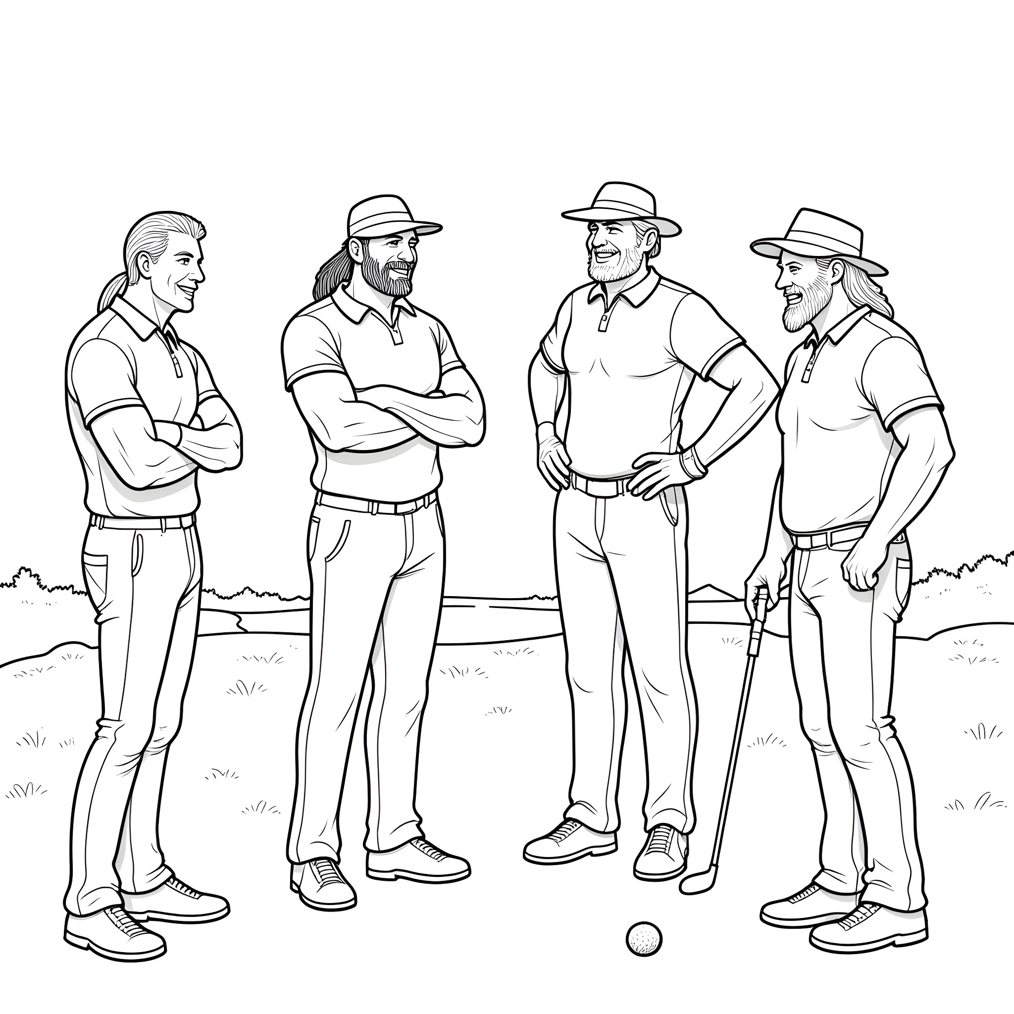 Randy Savage and his fellow wrestlers in the great outdoors Coloring Page (free black-and-white line drawing printable PDF for all, from beginners to advanced learners, including children, teens, adults, and seniors)