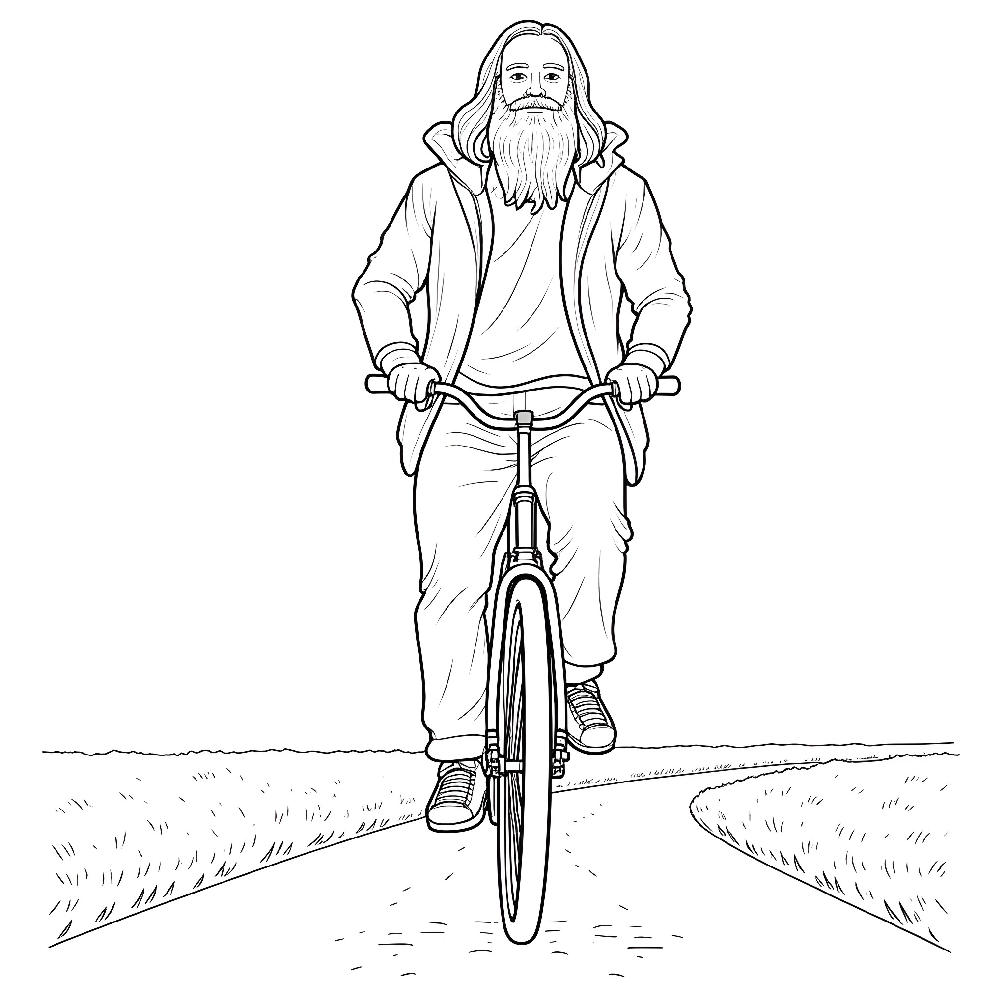 Man riding bicycle on grassy path Coloring Page (free black-and-white line drawing printable PDF for all, from beginners to advanced learners, including children, teens, adults, and seniors)
