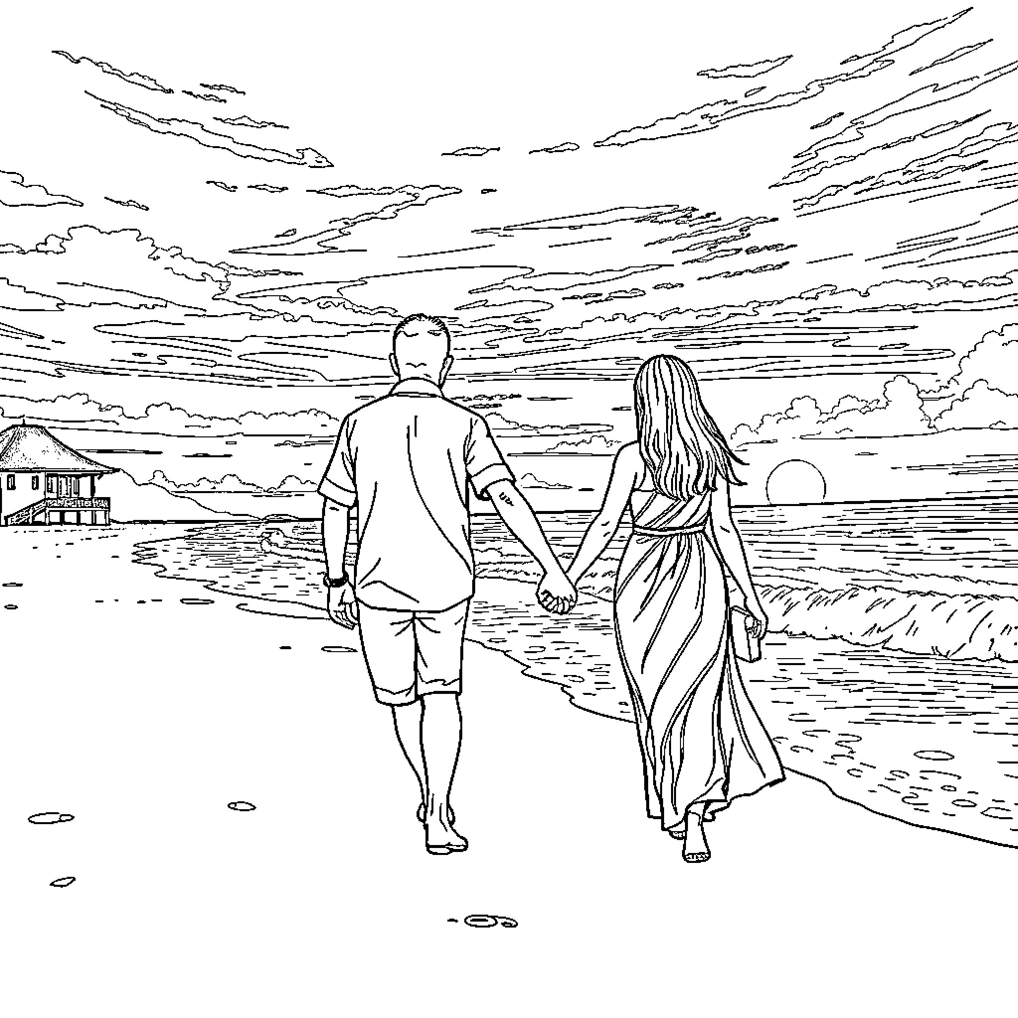 Husband and wife walking together on the beach Coloring Page (free black-and-white line drawing printable PDF for all, from beginners to advanced learners, including children, teens, adults, and seniors)