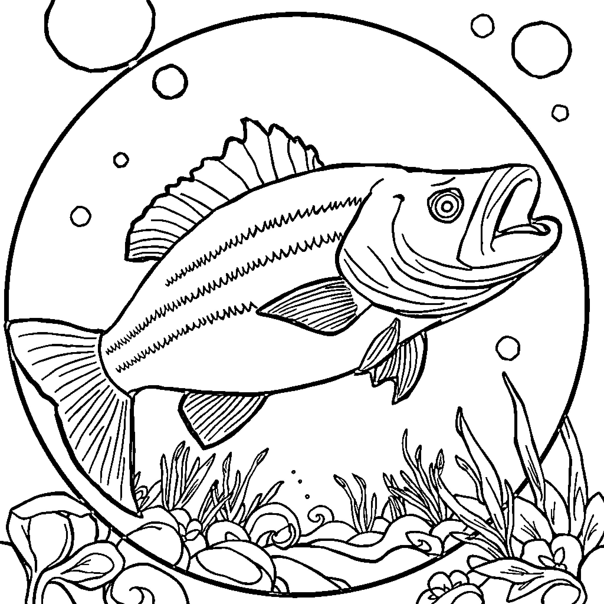 Crow fishing under the sea Coloring Page (free black-and-white line drawing printable PDF for all, from beginners to advanced learners, including children, teens, adults, and seniors)