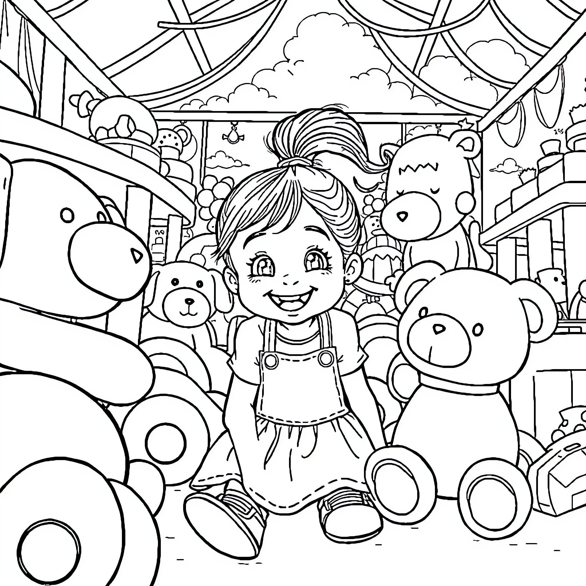 Girl surrounded by toys in a whimsical scene Coloring Page (free black-and-white line drawing printable PDF for all, from beginners to advanced learners, including children, teens, adults, and seniors)
