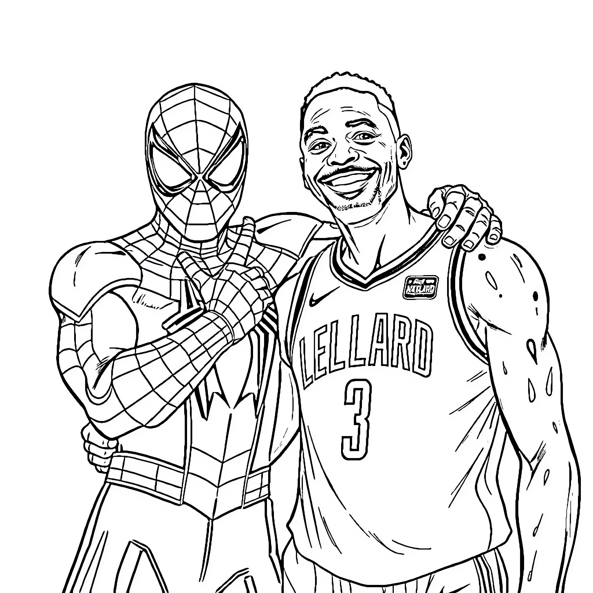 Spiderman posing with a basketball player Coloring Page (free black-and-white line drawing printable PDF for all, from beginners to advanced learners, including children, teens, adults, and seniors)