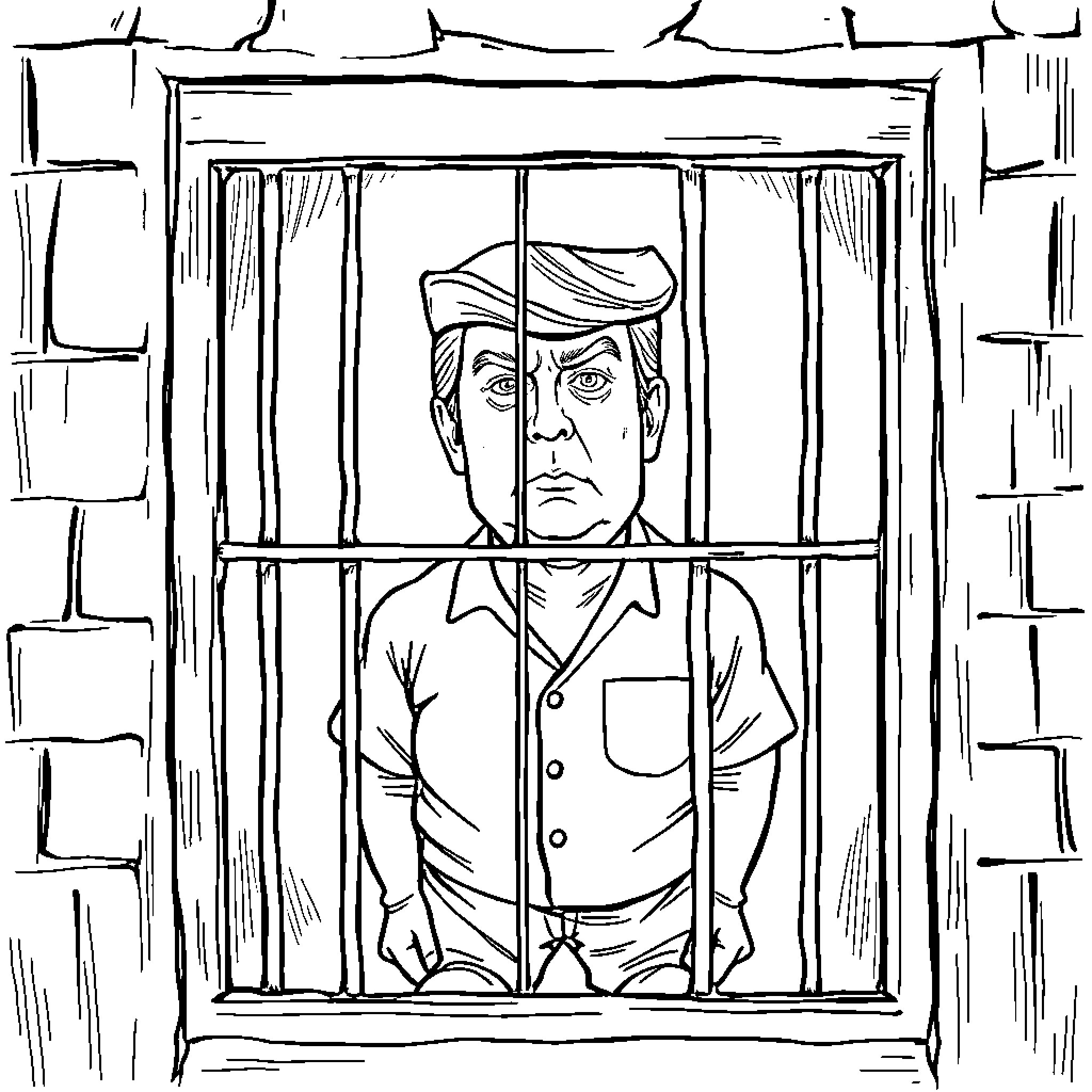Donald Trump Imprisoned Behind Bars Coloring Page (free black-and-white line drawing printable PDF for all, from beginners to advanced learners, including children, teens, adults, and seniors)