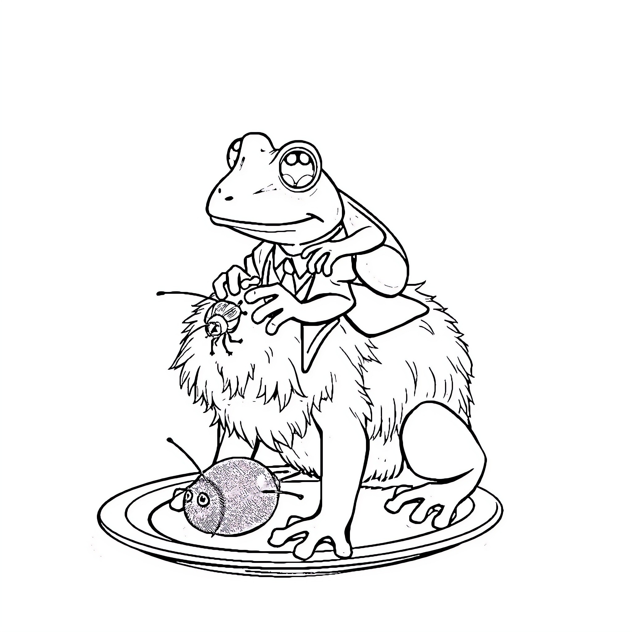 Frog sitting on a fuzzy creature Coloring Page (free black-and-white line drawing printable PDF for all, from beginners to advanced learners, including children, teens, adults, and seniors)