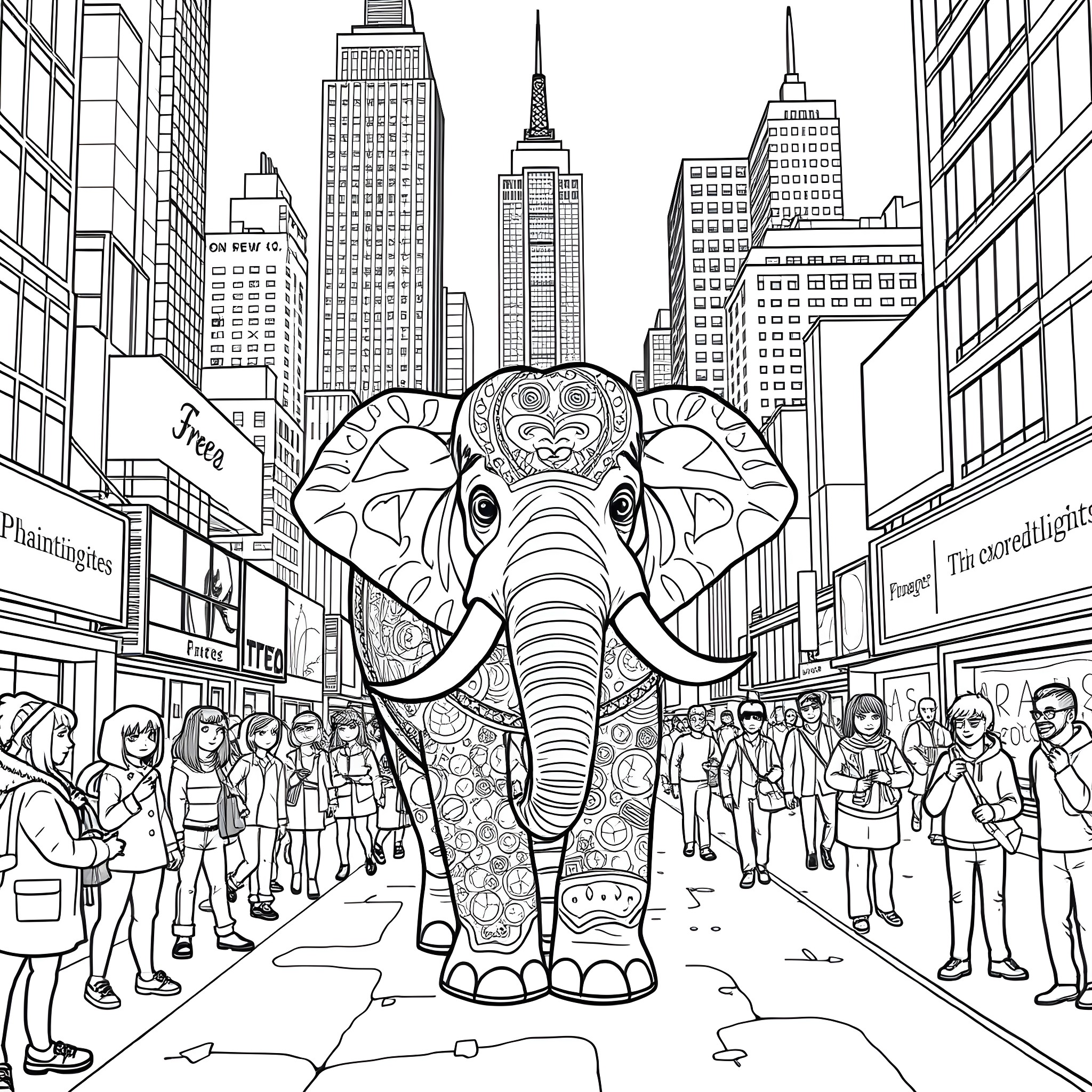 Elephant walking through a bustling city street Coloring Page (free black-and-white line drawing printable PDF for all, from beginners to advanced learners, including children, teens, adults, and seniors)