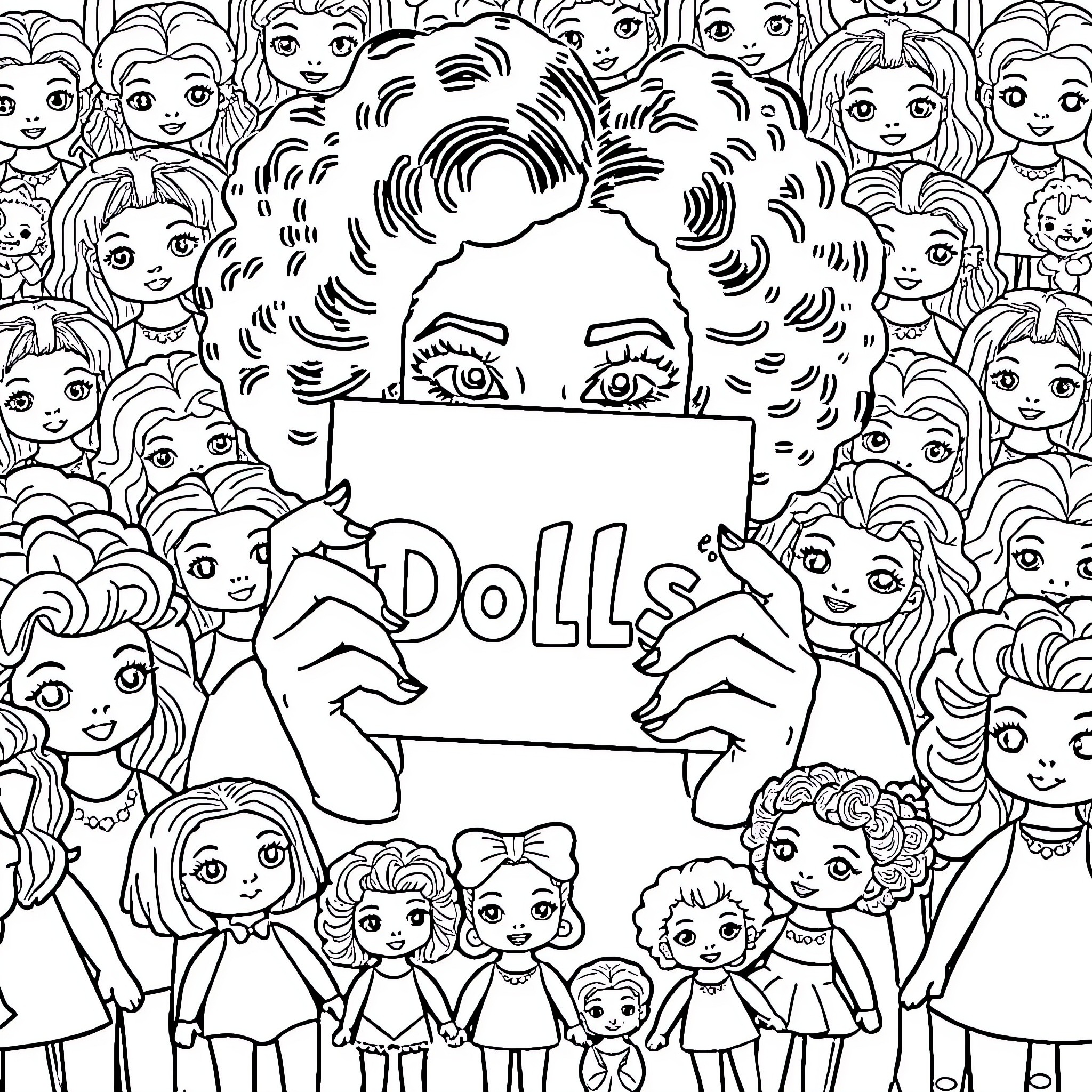 Doll shop with diverse dolls on display Coloring Page (free black-and-white line drawing printable PDF for all, from beginners to advanced learners, including children, teens, adults, and seniors)