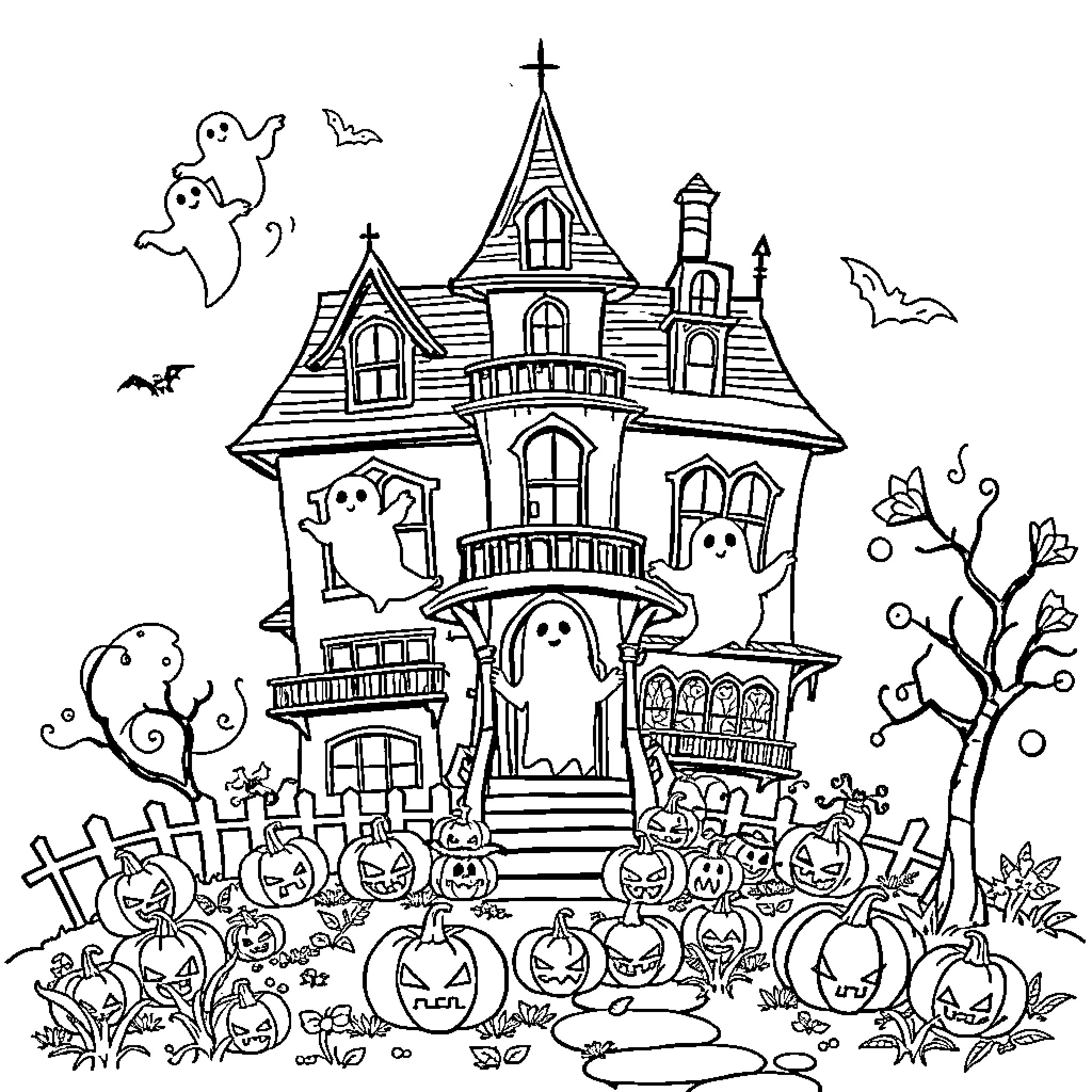 Mansion of ghostly Halloween scenes Coloring Page (free black-and-white line drawing printable PDF for all, from beginners to advanced learners, including children, teens, adults, and seniors)