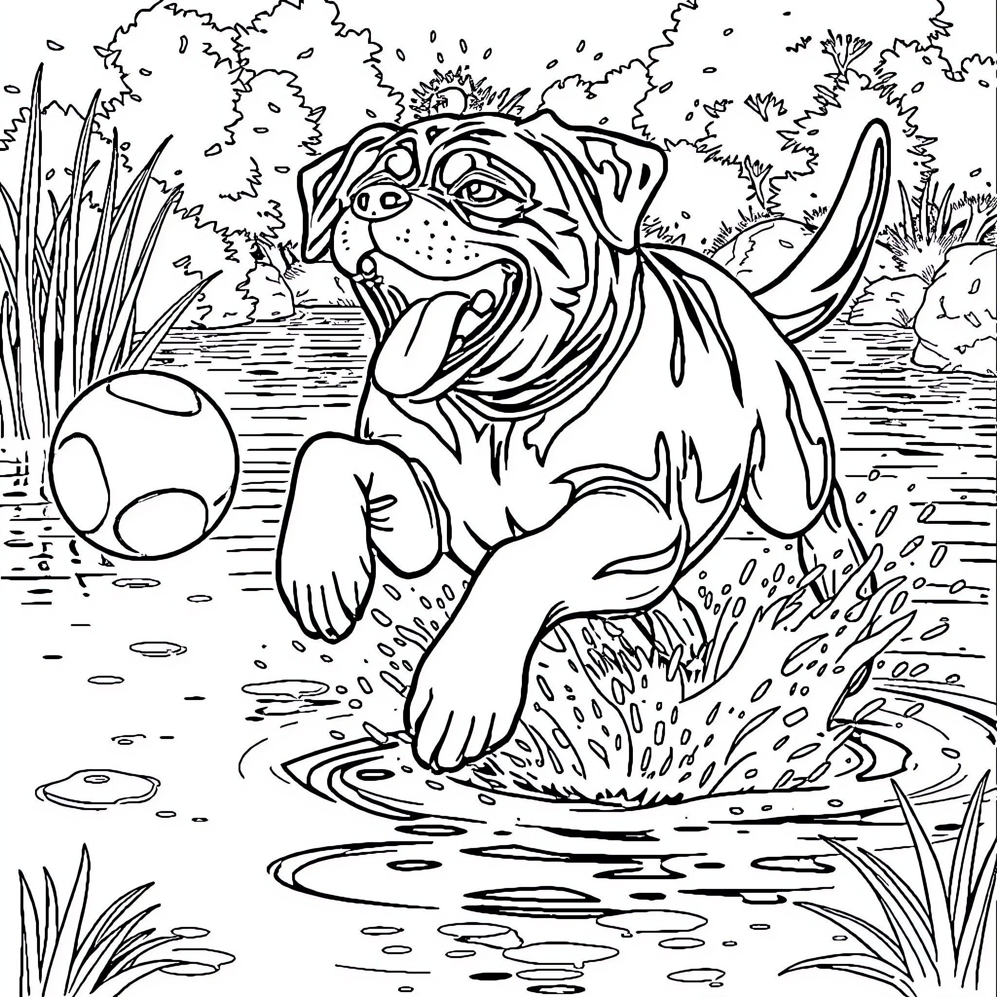 Rottweiler playing joyfully in the pond Coloring Page (free black-and-white line drawing printable PDF for all, from beginners to advanced learners, including children, teens, adults, and seniors)