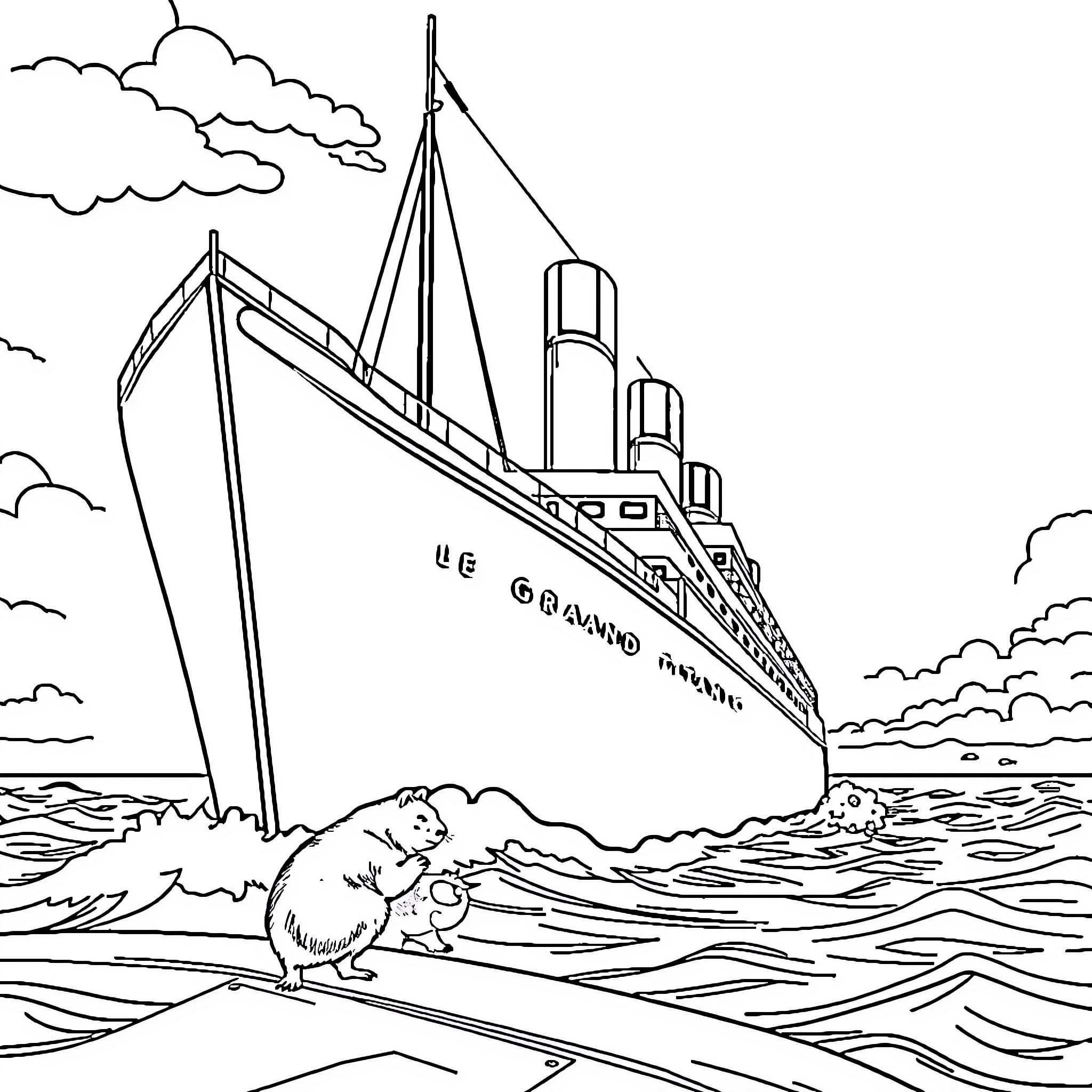 Titanic ship sailing the ocean waves Coloring Page (free black-and-white line drawing printable PDF for all, from beginners to advanced learners, including children, teens, adults, and seniors)
