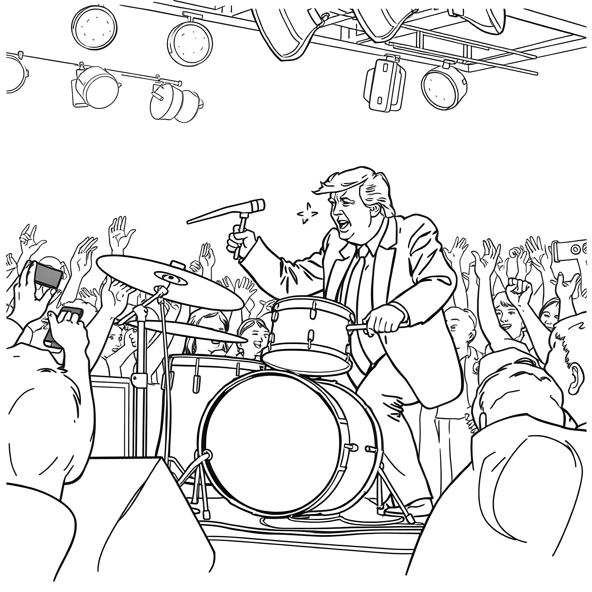 Trump Performing Energetically on Stage with Fans Coloring Page (free black-and-white line drawing printable PDF for all, from beginners to advanced learners, including children, teens, adults, and seniors)