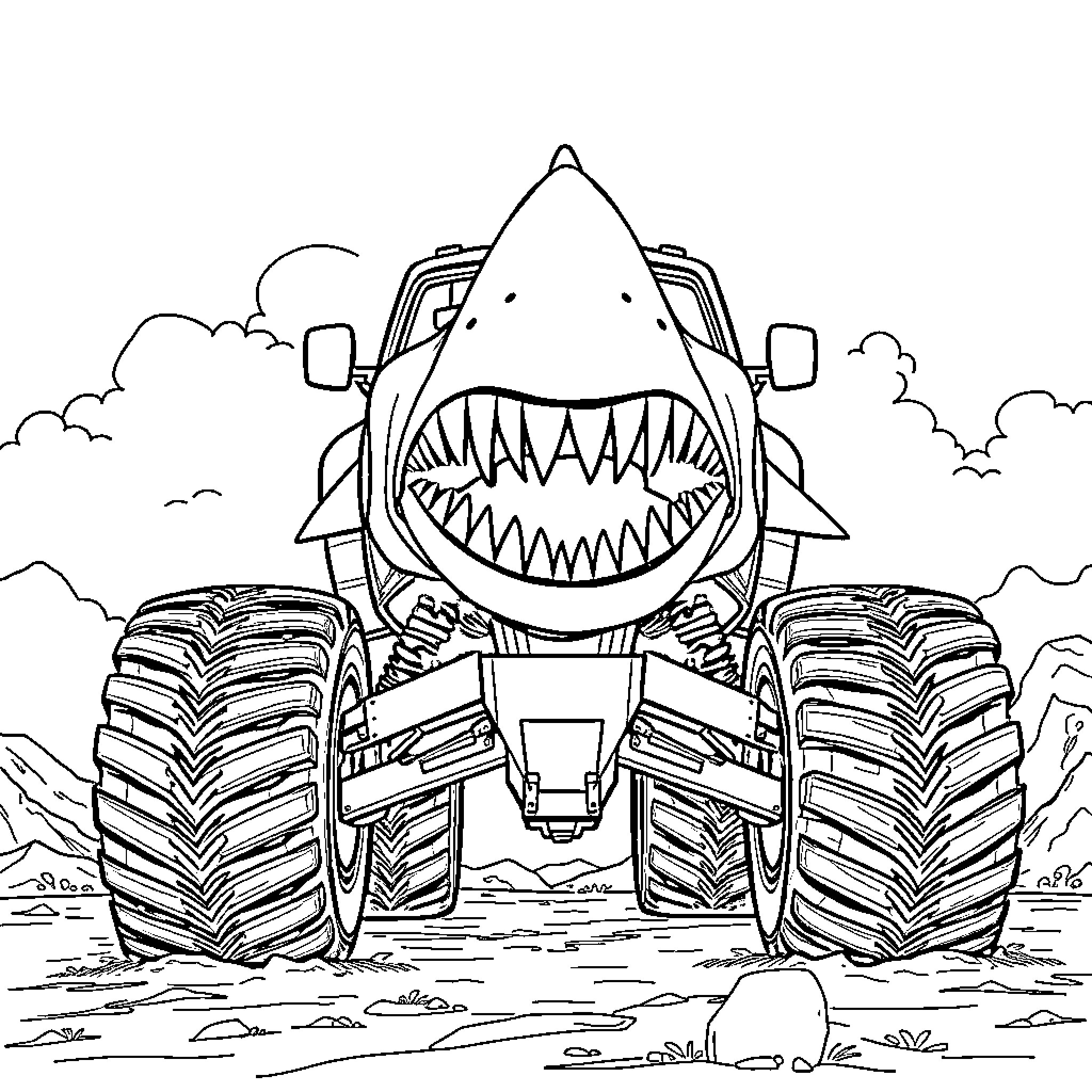 Monster Truck Crushing the Terrain with Monstrous Enthusiasm Coloring Page (free black-and-white line drawing printable PDF for all, from beginners to advanced learners, including children, teens, adults, and seniors)