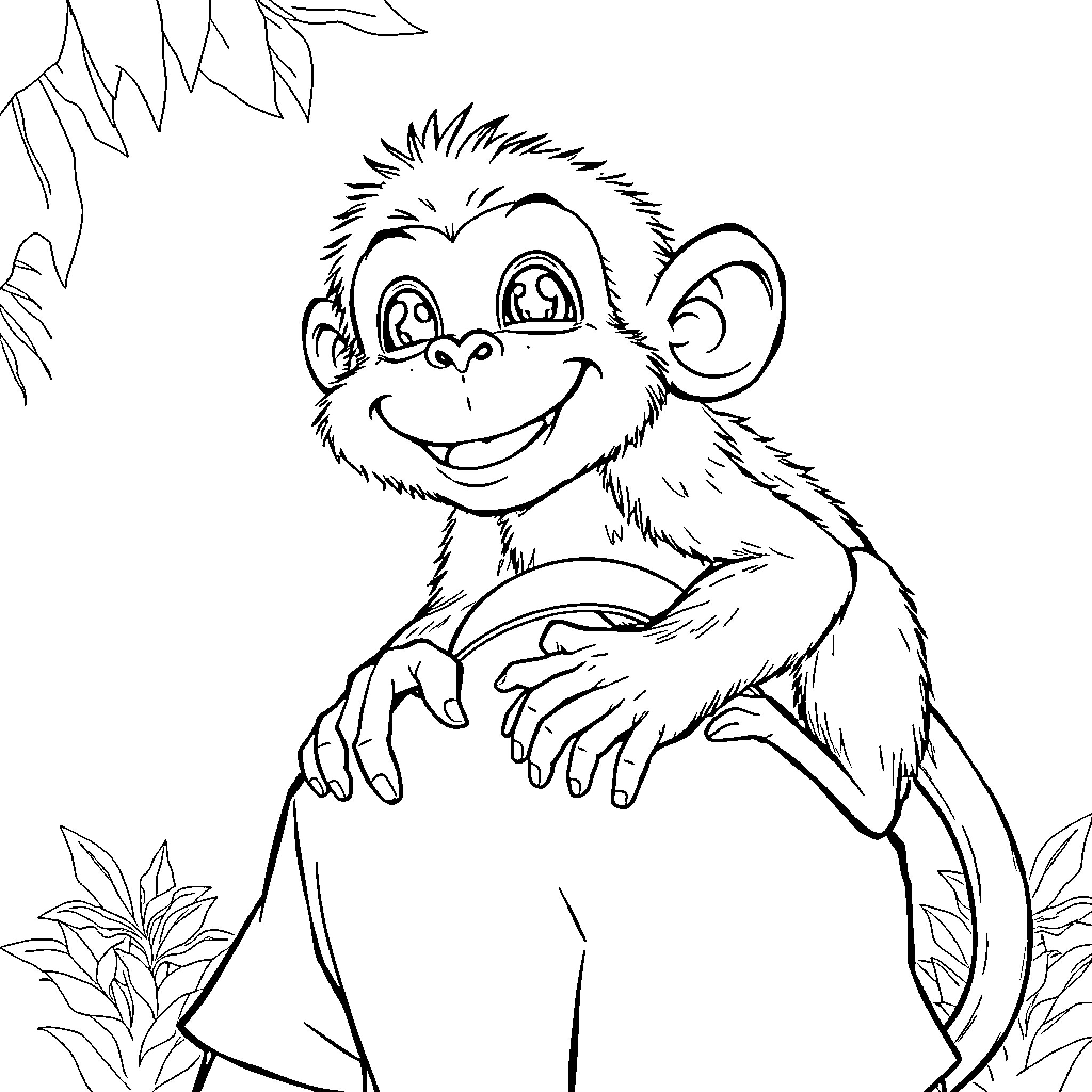 Monkey with a Cheerful Smile Coloring Page (free black-and-white line drawing printable PDF for all, from beginners to advanced learners, including children, teens, adults, and seniors)