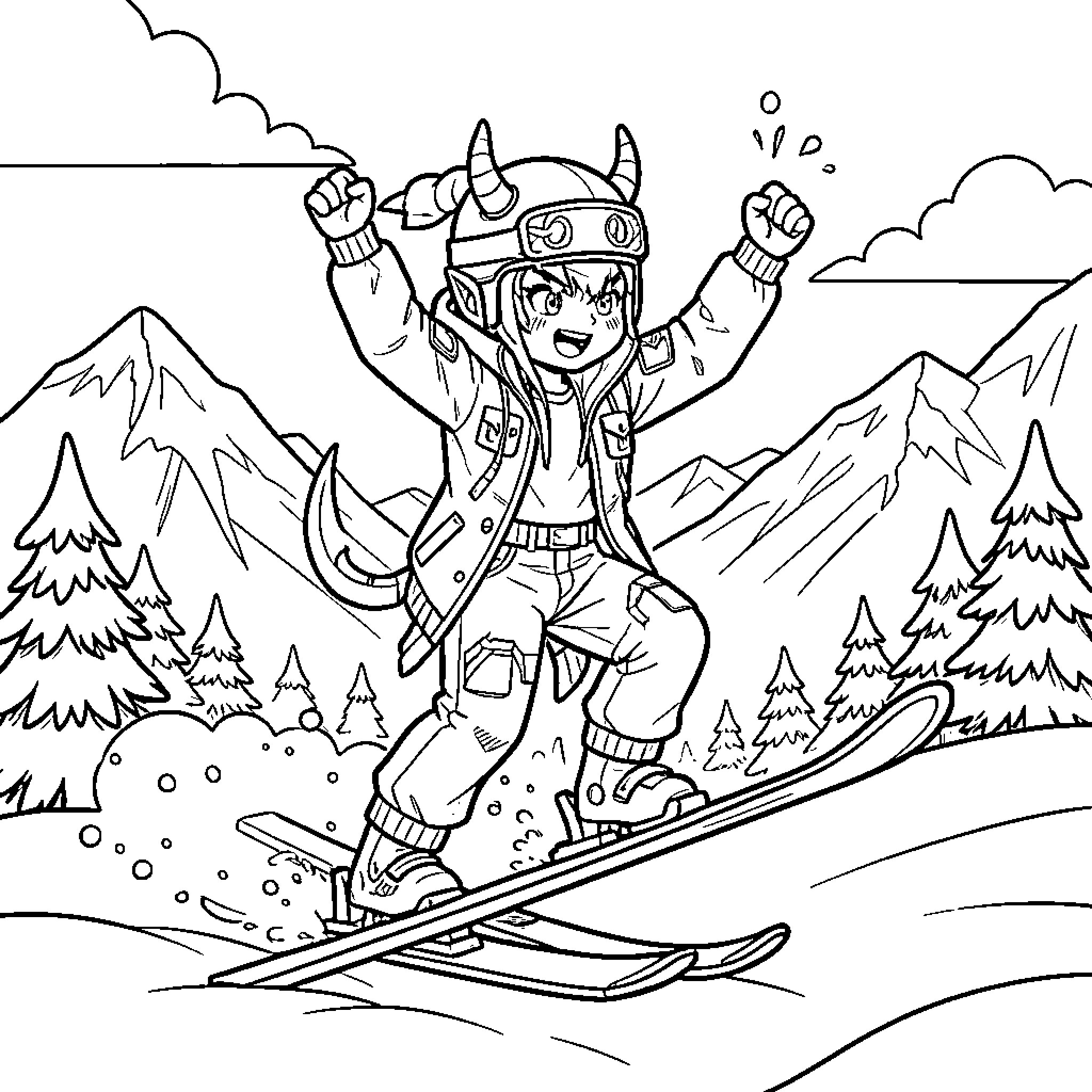 Demon character skiing excitedly through a mountain landscape Coloring Page (free black-and-white line drawing printable PDF for all, from beginners to advanced learners, including children, teens, adults, and seniors)