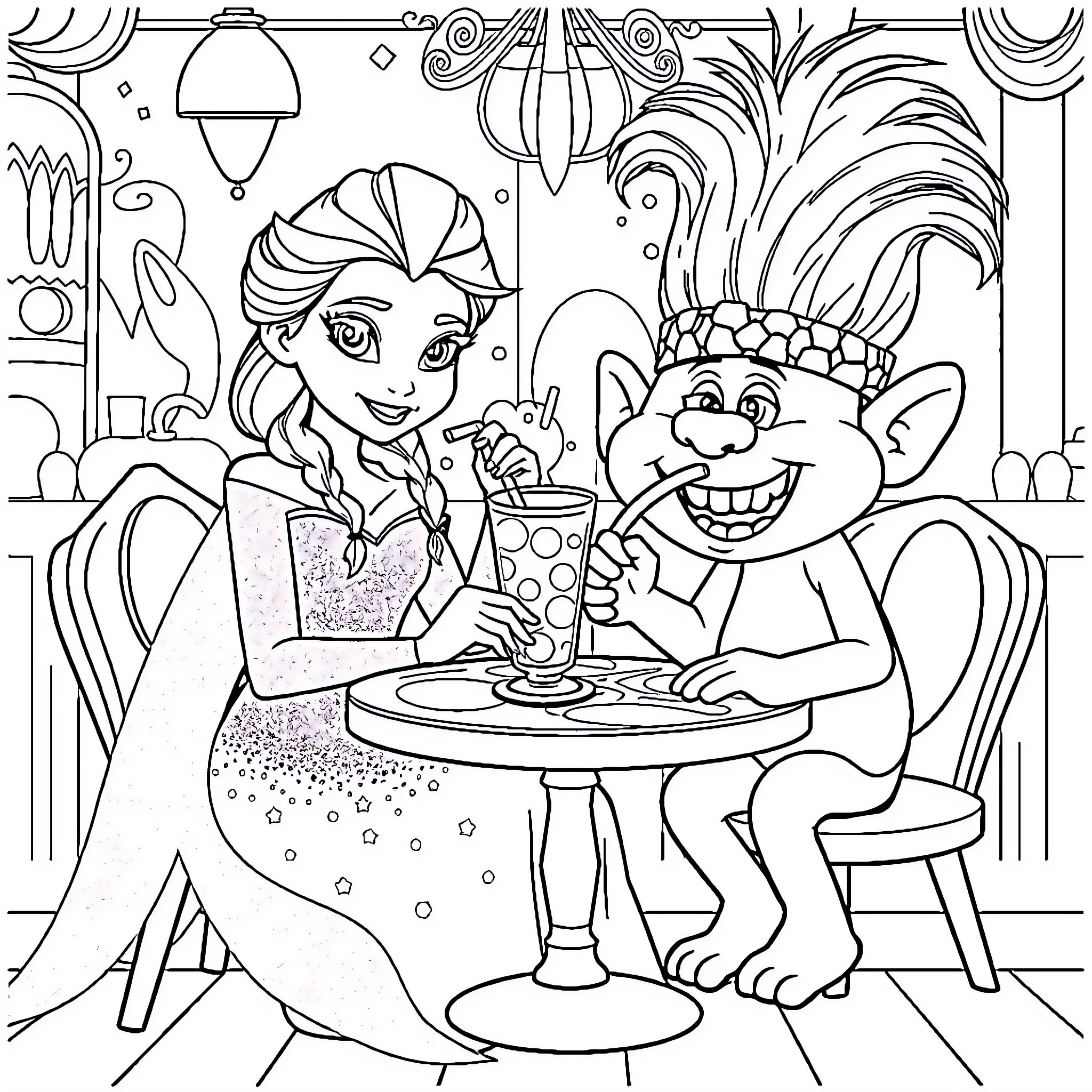 Elsa and Troll Enjoying Drinks at Cafe Coloring Page (free black-and-white line drawing printable PDF for all, from beginners to advanced learners, including children, teens, adults, and seniors)